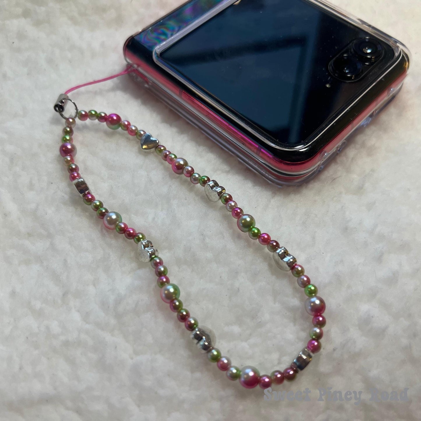 Colorful Pastel Pearl Heart Beaded Phone Charm Strap, Chain Cellphone Strap Lanyard, Cute Kawaii Wristlet Accessory, Girly Gift For Her Y2k