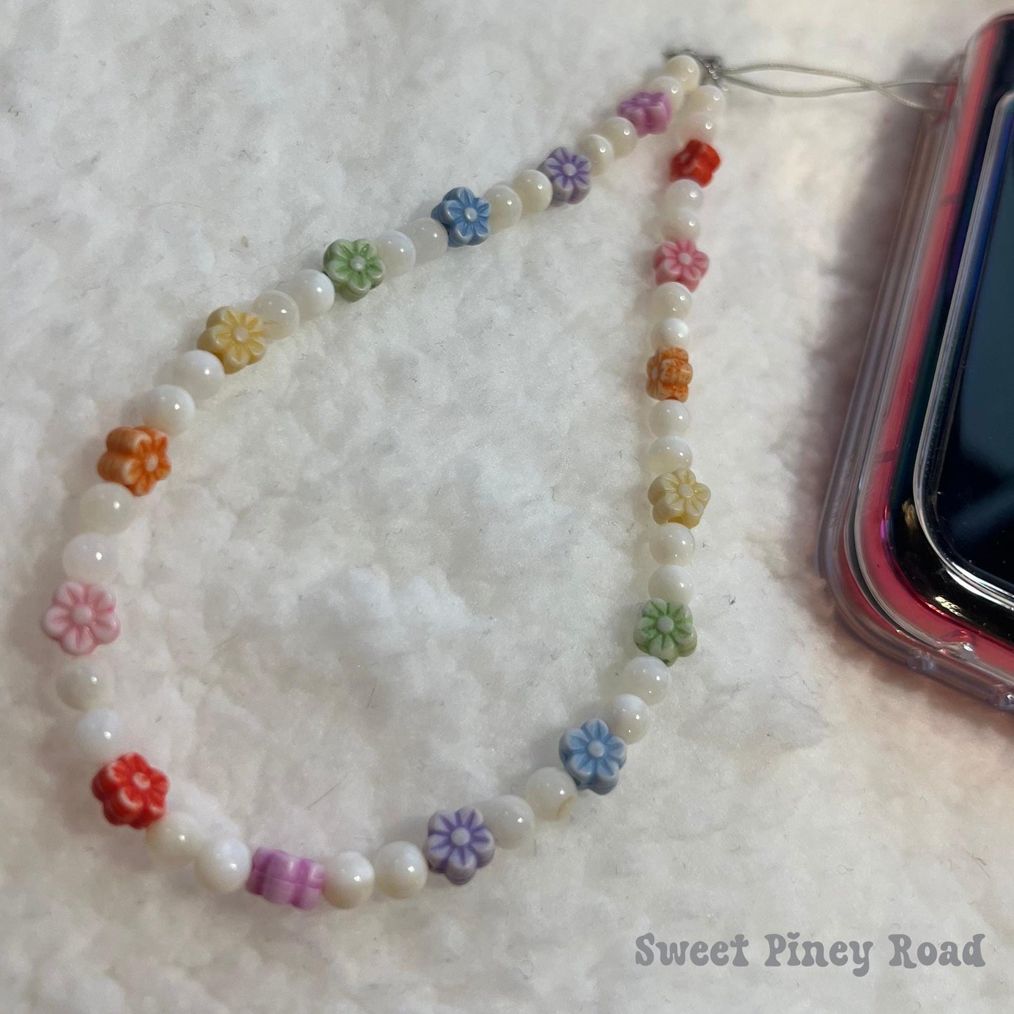 Rainbow Flower Pearl Beaded Phone Charm Strap, Chain Cellphone Strap Lanyard, Cute Kawaii Wristlet Accessory, Girly Gift For Her Y2k Heart