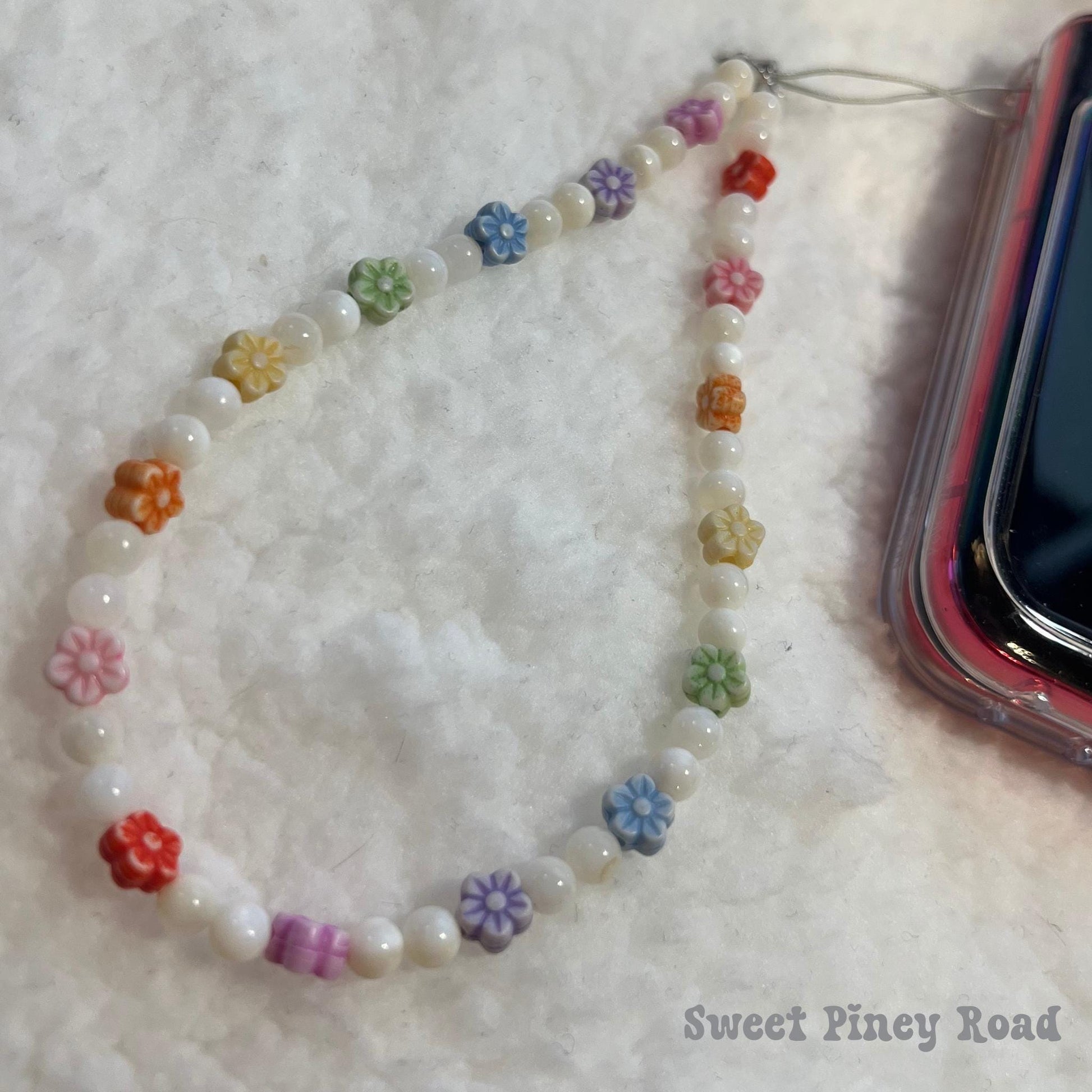 Rainbow Flower Pearl Beaded Phone Charm Strap, Chain Cellphone Strap Lanyard, Cute Kawaii Wristlet Accessory, Girly Gift For Her Y2k Heart