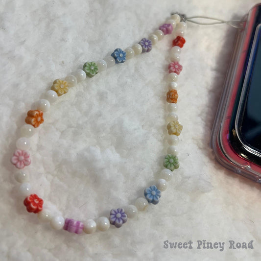 Rainbow Flower Pearl Beaded Phone Charm Strap, Chain Cellphone Strap Lanyard, Cute Kawaii Wristlet Accessory, Girly Gift For Her Y2k Heart