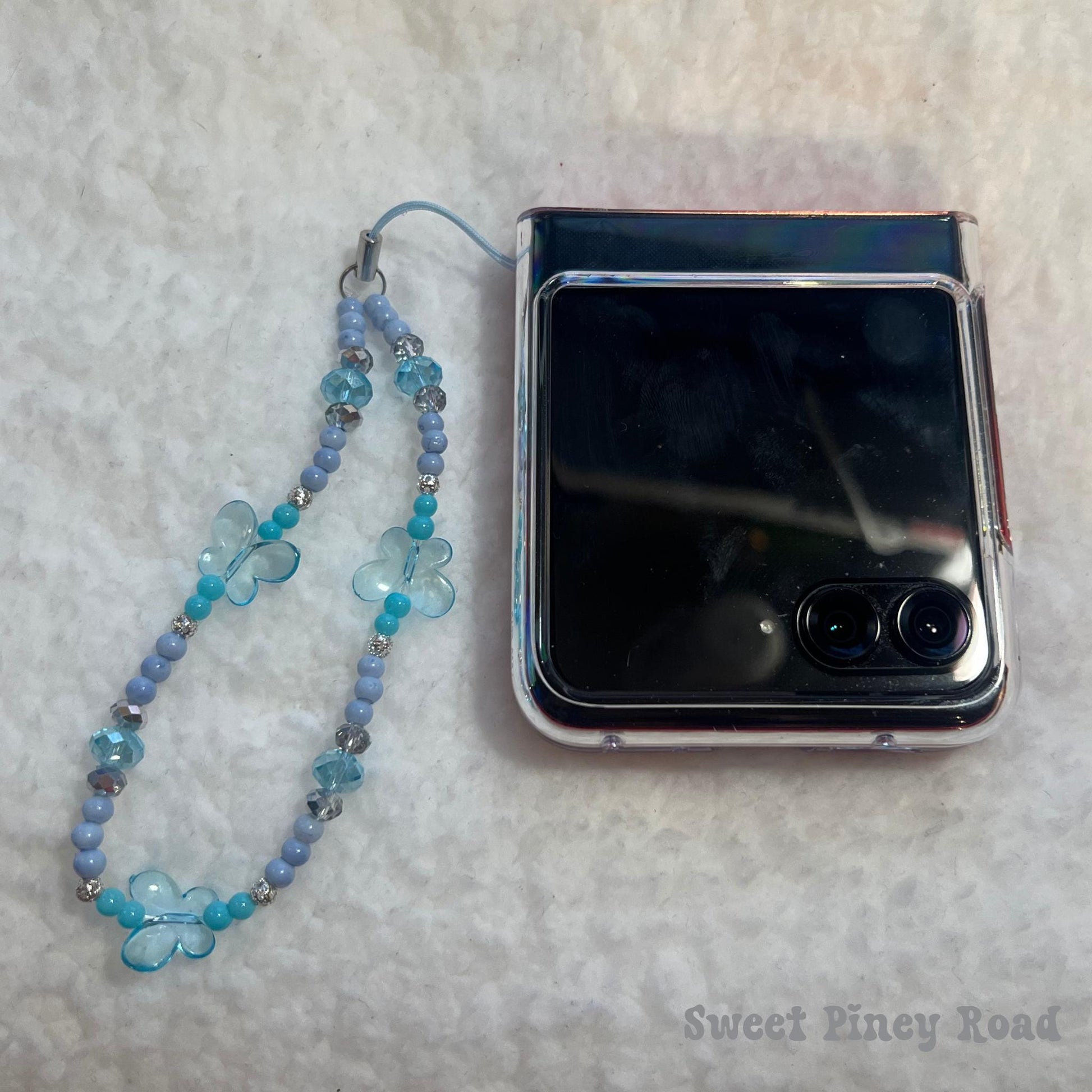 Light Blue Butterfly Beaded Phone Charm Strap, Chain Cellphone Strap Lanyard, Cute Kawaii Wristlet Accessory, Girly Accessories Gift Y2k