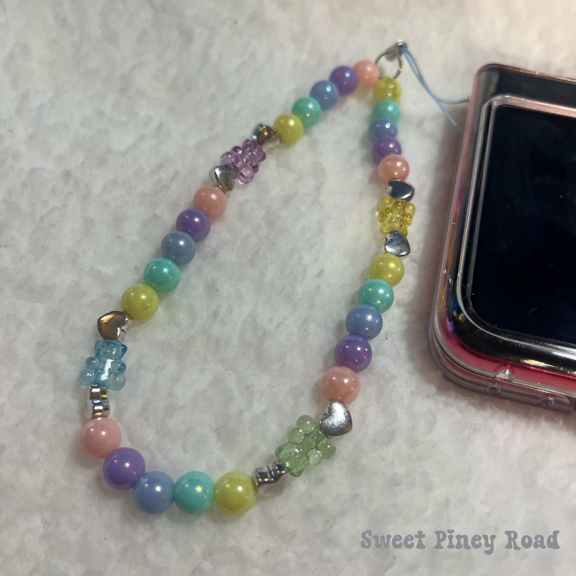 Pastel Pearl Rainbow Bear Beaded Phone Charm Strap, Chain Cellphone Strap Lanyard, Cute Kawaii Wristlet Accessory, Girly Gift For Her Y2k