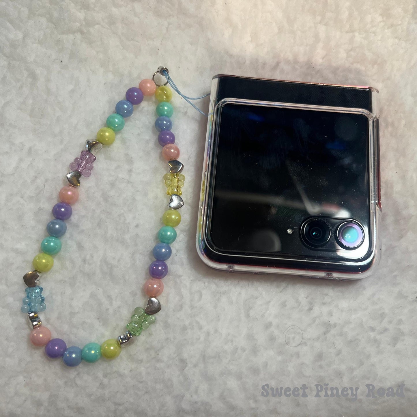 Pastel Pearl Rainbow Bear Beaded Phone Charm Strap, Chain Cellphone Strap Lanyard, Cute Kawaii Wristlet Accessory, Girly Gift For Her Y2k