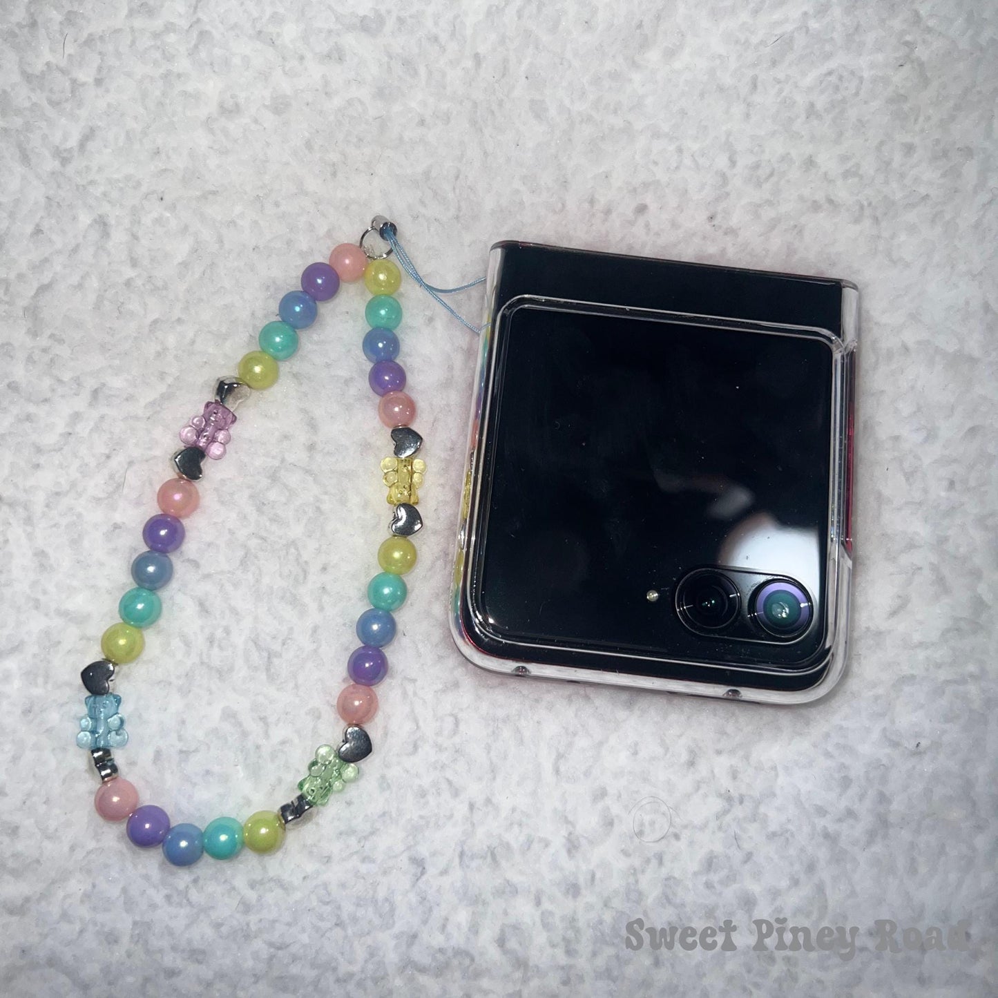 Pastel Pearl Rainbow Bear Beaded Phone Charm Strap, Chain Cellphone Strap Lanyard, Cute Kawaii Wristlet Accessory, Girly Gift For Her Y2k