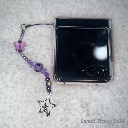 Purple Beaded Phone Charm, Cellphone Accessory, Cute Girly Aesthetic, Accessories, Gift For Her Mom Friend, 2000s Y2k Vibes, Butterfly Fairy