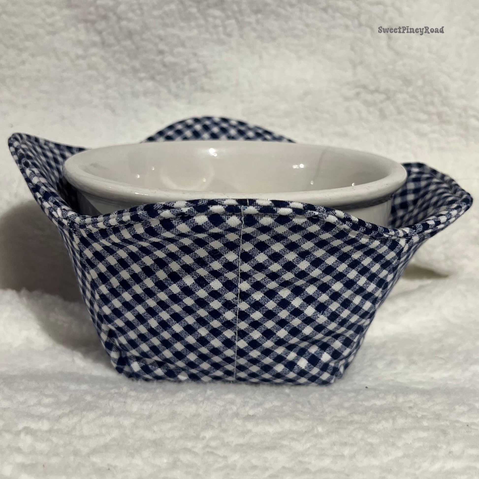 Navy Plaid Cotton Bowl Cozy - Classic Picnic Checker, Microwave Safe, Rustic Farmhouse Kitchen Decor, Cute Soup Bowl Holder, Gift Idea