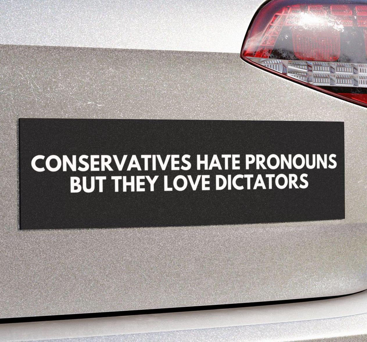 Anti-Conservative Pronouns Bumper Magnet or Car Sticker, Dictator Fascists, Anti Trump Leftist Decal, Are We Great Yet, FDT Political Satire