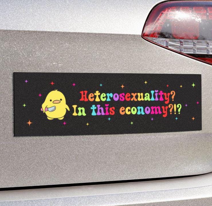 Heterosexuality In This Economy Car Magnet or Bumper Sticker, Pride LGBTQ+ Decal, Lesbian Gift, Peace Gay Gen Z Meme, Cute Pride Month Gift