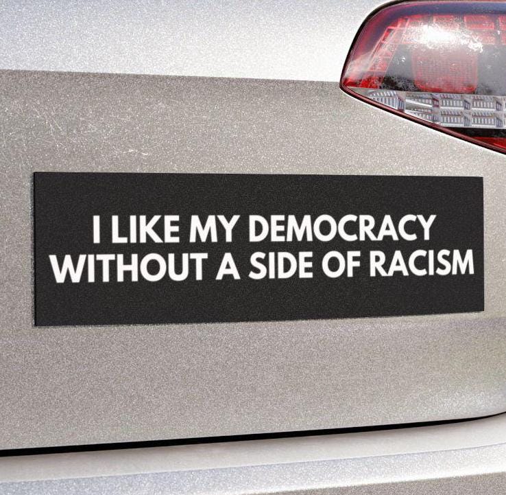 I Like My Democracy Without Racism Car Magnet or Bumper Sticker, Anti Trump Maga White Supremacy, Fuck Trump Decal, Not My President Leftist