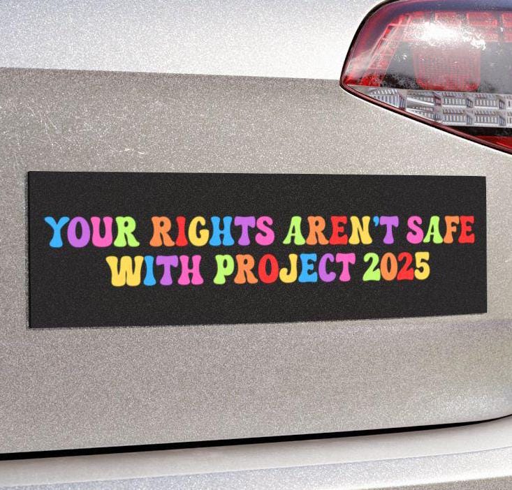 Rights Aren't Safe With Project 2025 Car Magnet or Bumper Sticker, Anti-Trump Political Protest Decal Pro-Democracy LGBTQ+ Human Resistance