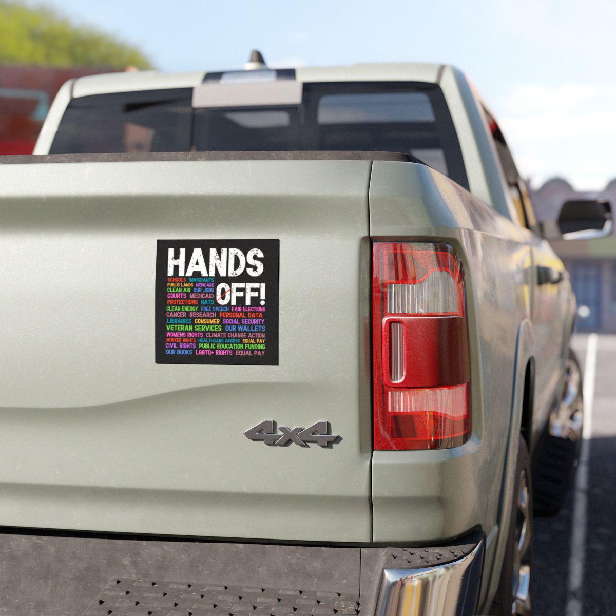 Hands Off Protest Car Magnet 5x5 in, Political Activism Decal, Save Public Lands, Medicare Social Security, Free Speech Environmental Rights