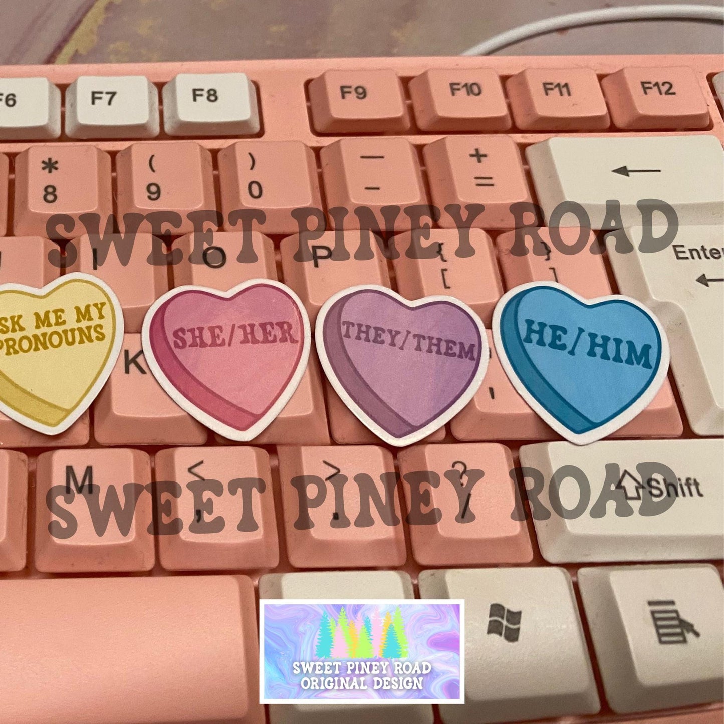 LGBTQIA+ Pride Candy Heart Sticker Pack Glossy! 50 or 100pc, She/Her, They/Them, Ask Me My Pronouns, Gay Pride Festival 2025 Ready Accessory