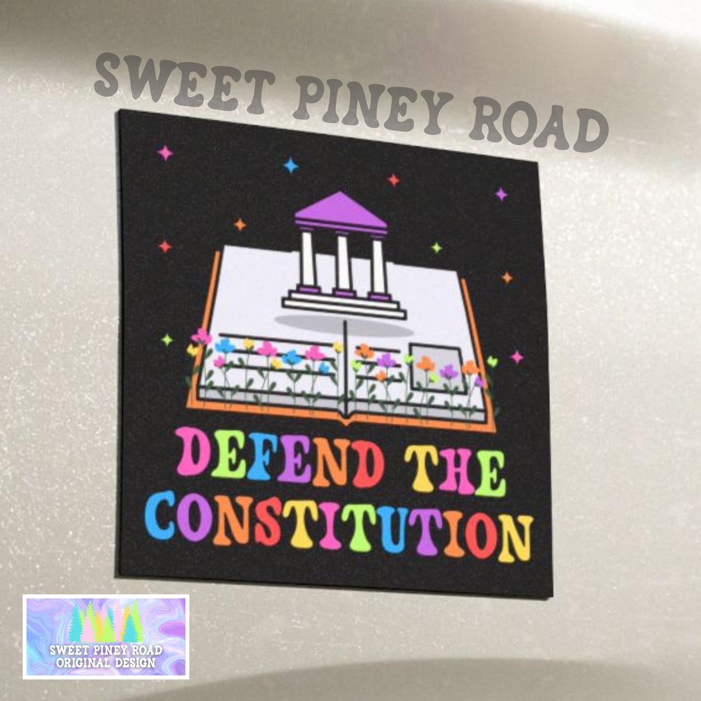 Rainbow Flower Defend the Constitution Car Magnet, Pro-Democracy LGBTQIA+ Pride, Patriotic Peaceful Resistance, Equality Gift For Democrat