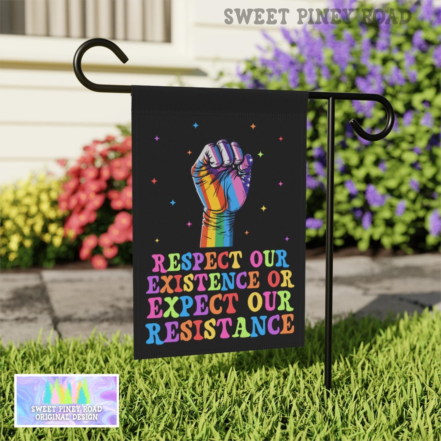 Respect Our Existence or Expect Our Resistance Garden Flag, LGBTQIA+ Rights Yard Sign, Cute Rainbow Pride Protest Decor, Hands Off Inclusion