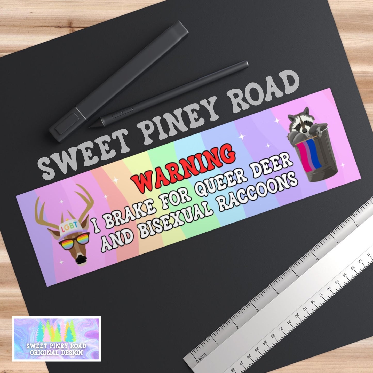 Warning Brake Queer Deer Bisexual Raccoons Car Magnet/Bumper Sticker, LGBTQIA+ Humor, Cute Gift Gay Pride Month, Brake For Critters Rainbow