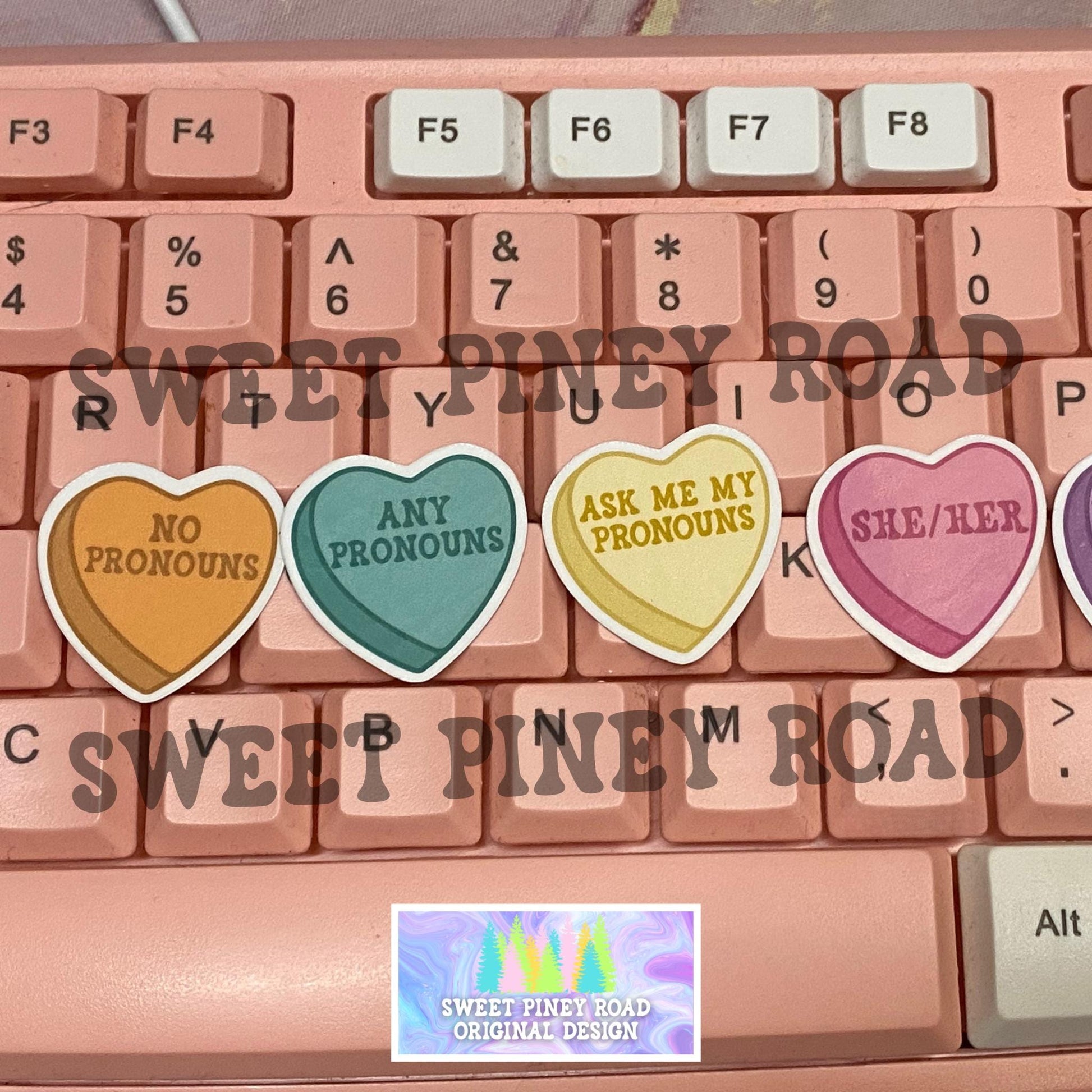 LGBTQIA+ Pride Candy Heart Sticker Pack Glossy! 50 or 100pc, She/Her, They/Them, Ask Me My Pronouns, Gay Pride Festival 2025 Ready Accessory