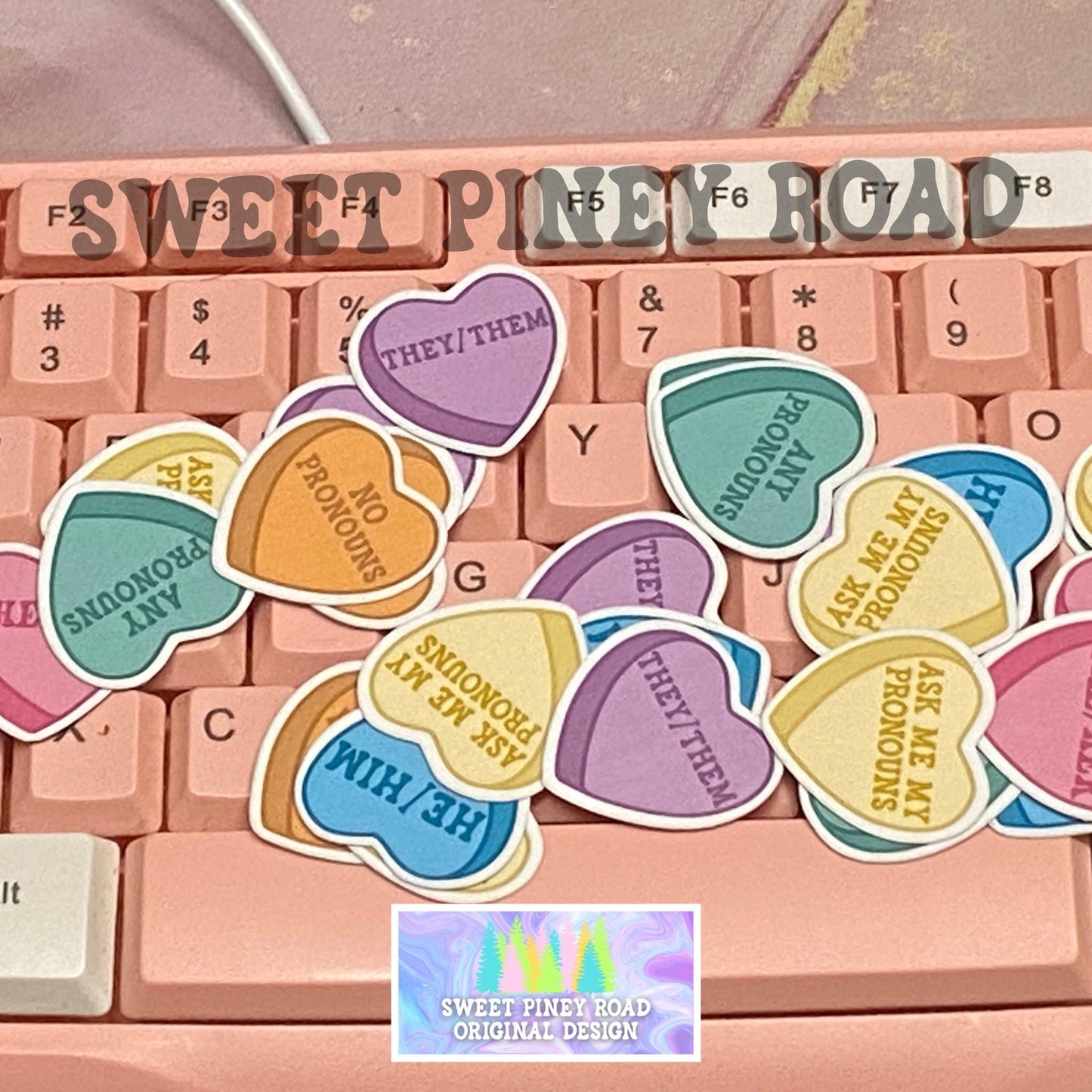 LGBTQIA+ Pride Candy Heart Sticker Pack Glossy! 50 or 100pc, She/Her, They/Them, Ask Me My Pronouns, Gay Pride Festival 2025 Ready Accessory