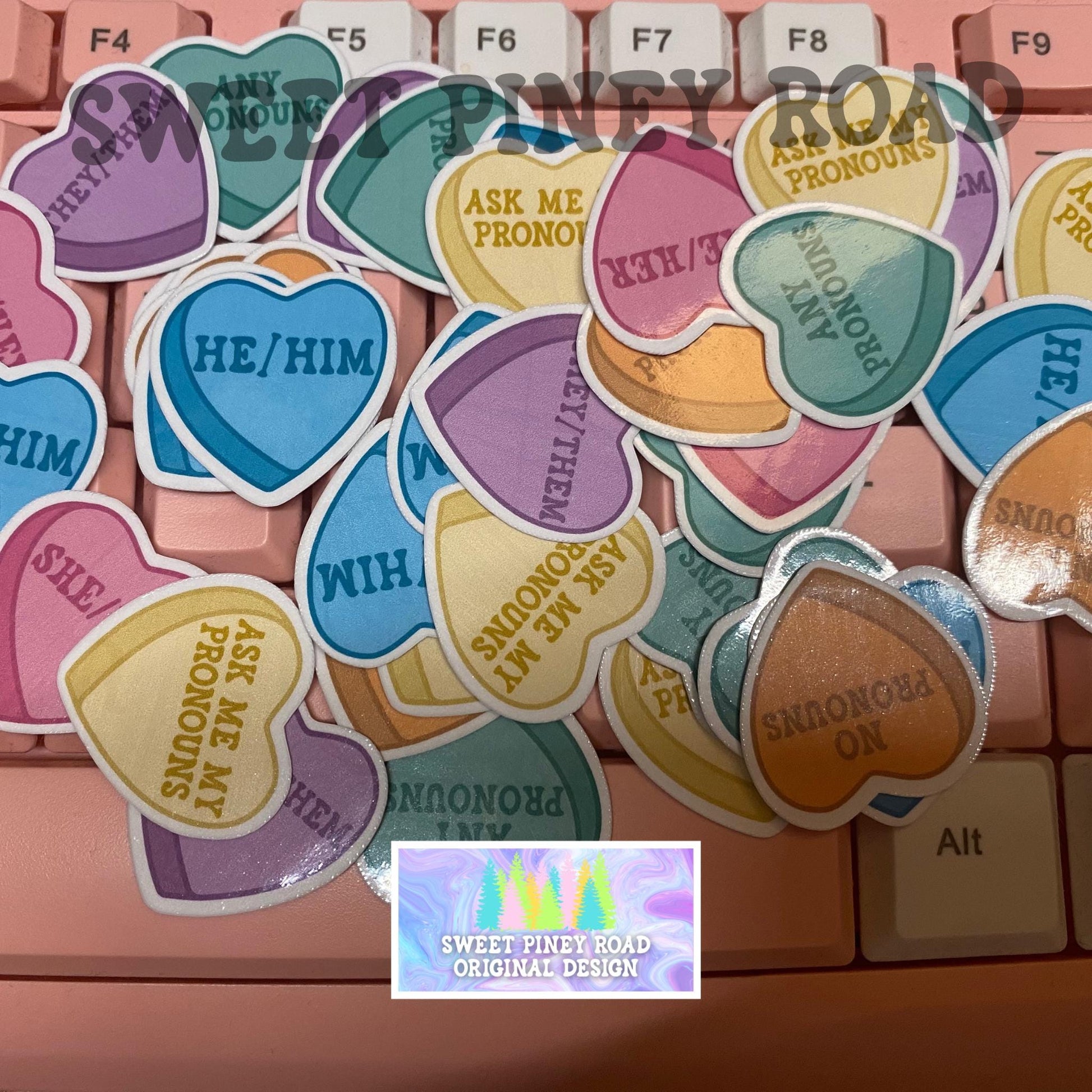 LGBTQIA+ Pride Candy Heart Sticker Pack Glossy! 50 or 100pc, She/Her, They/Them, Ask Me My Pronouns, Gay Pride Festival 2025 Ready Accessory