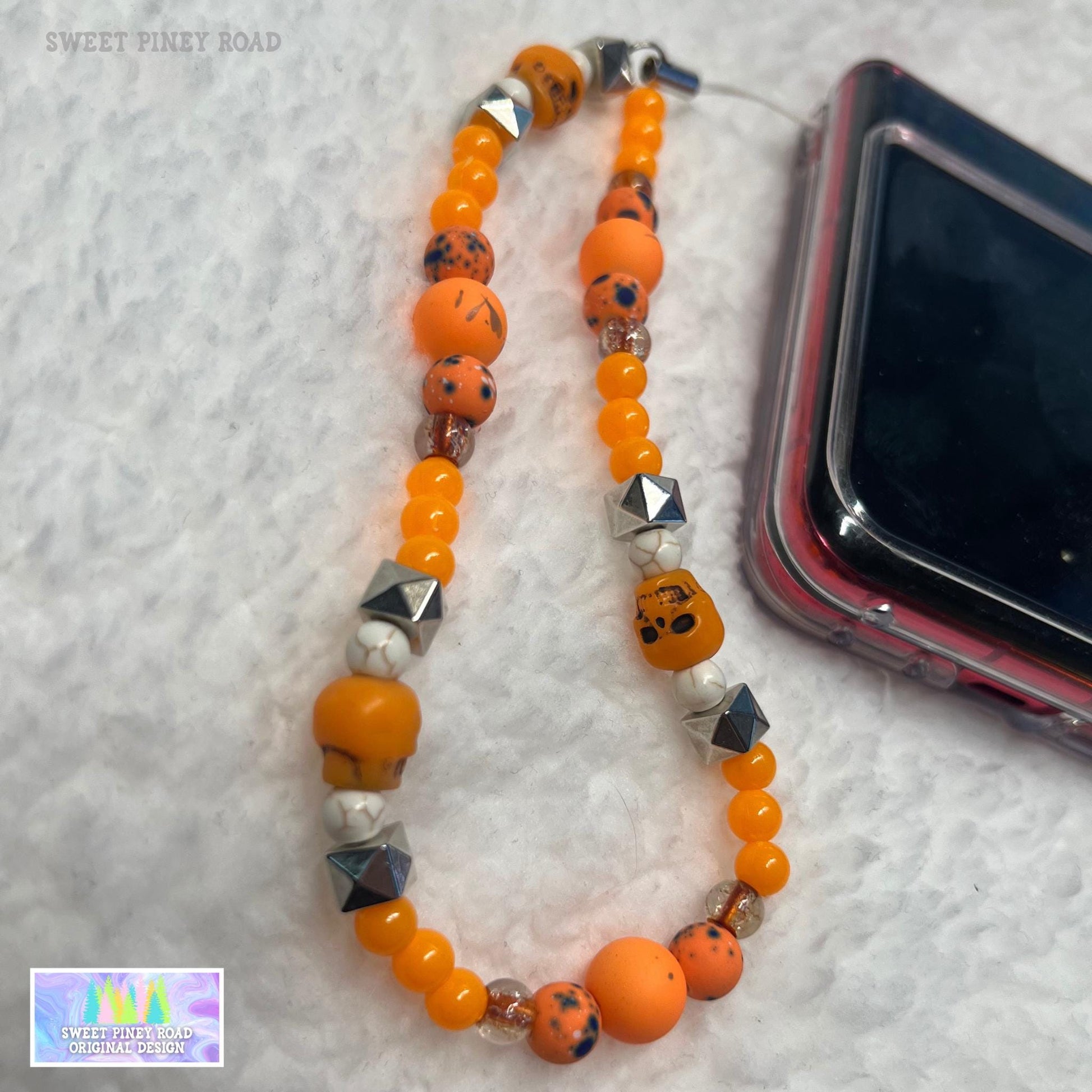 Orange Skull Beaded Phone Charm Strap, Universal Fit, Phone Carrying Wrist Strap, Hands-Free Wrist Grip, Goth Y2K Girly Vibes Straps Gift