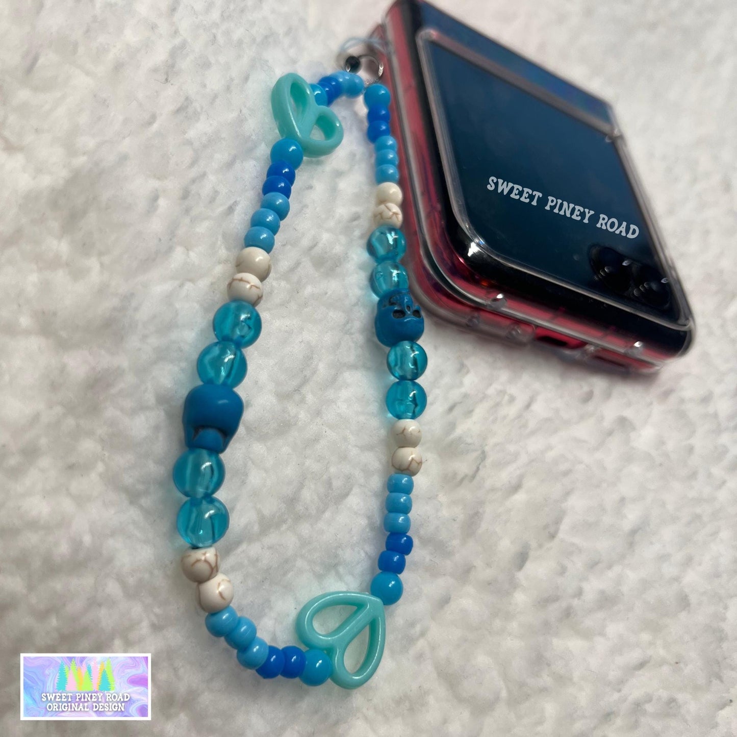 Teal Blue Skull Phone Charm Strap, Universal Fit, Phone Carrying Wrist Strap, Hands-Free Wrist Grip, Hearts Girly Skulls Vibes Straps Gift