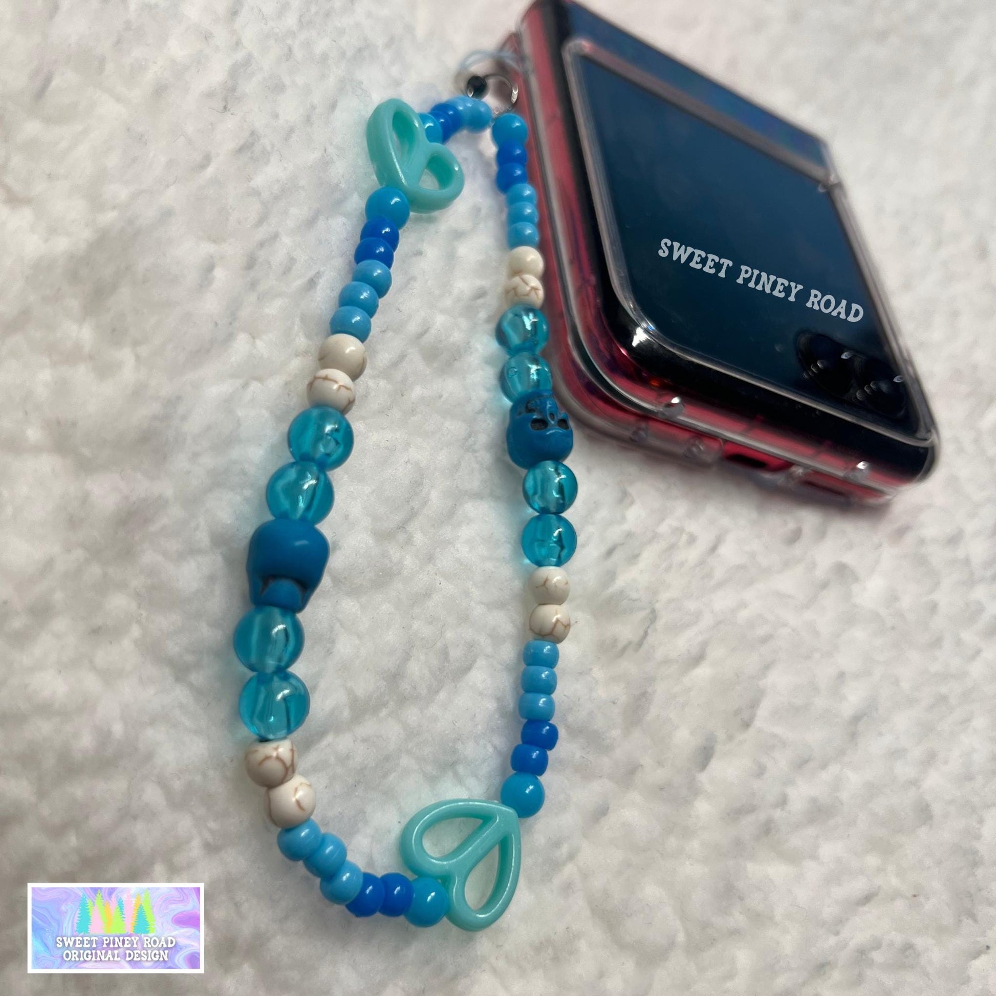 Teal Blue Skull Phone Charm Strap, Universal Fit, Phone Carrying Wrist Strap, Hands-Free Wrist Grip, Hearts Girly Skulls Vibes Straps Gift