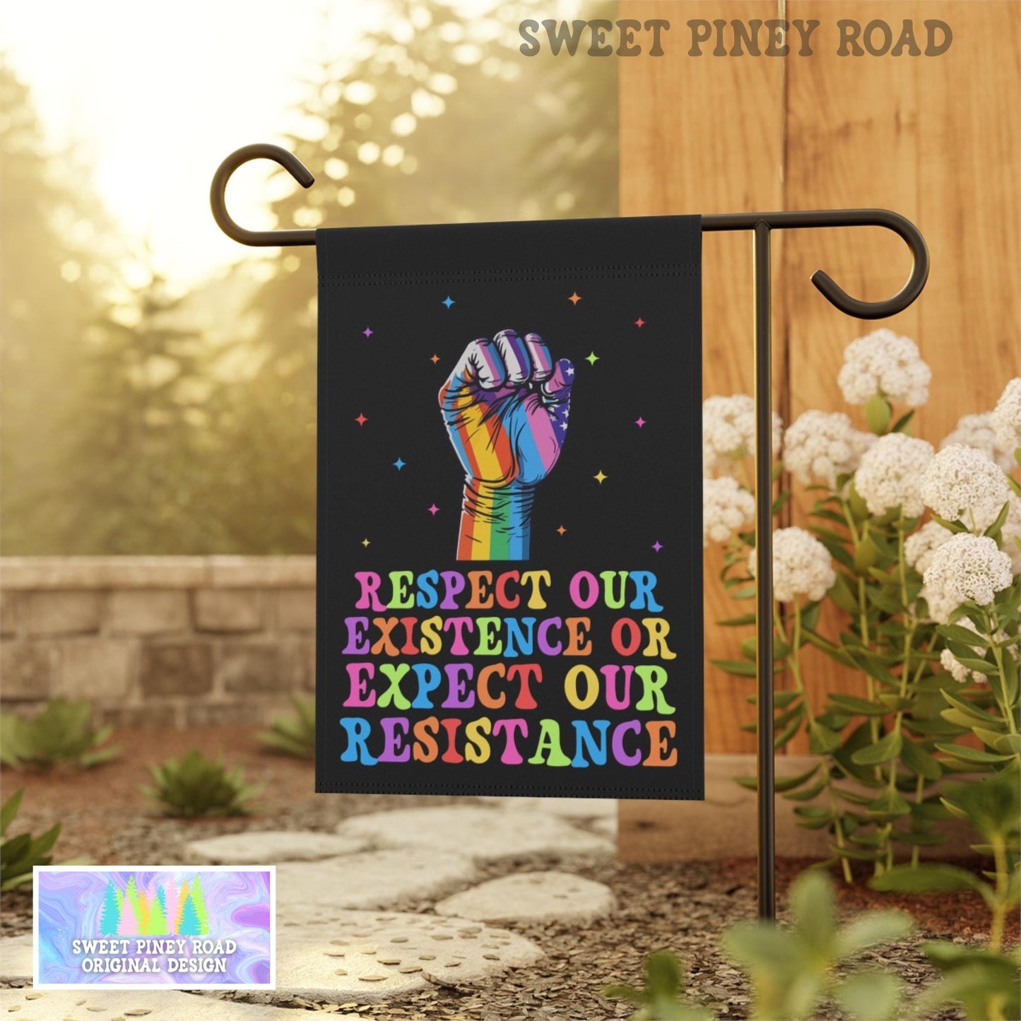 Respect Our Existence or Expect Our Resistance Garden Flag, LGBTQIA+ Rights Yard Sign, Cute Rainbow Pride Protest Decor, Hands Off Inclusion