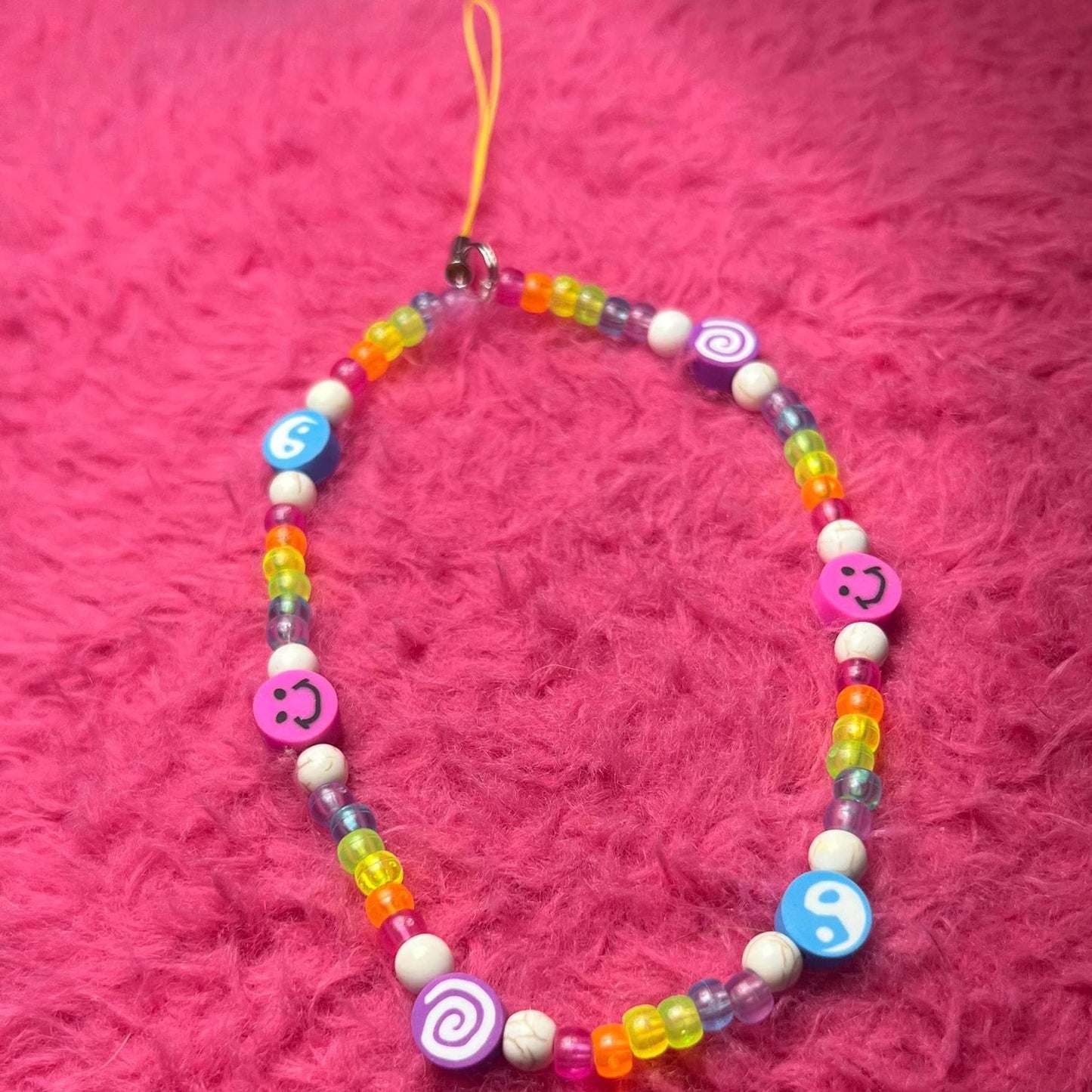 Rainbow Smile Swirl Beaded Phone Charm Strap, Chain Cellphone Strap Lanyard, Cute Kawaii Wristlet Accessory, Cute Girly Accessories Gift Y2k