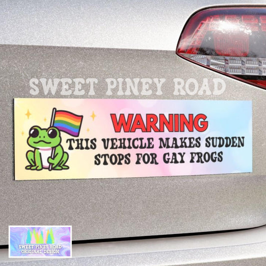 Warning Sudden Stops Gay Frogs Car Magnet/Bumper Sticker, LGBTQIA+ Humor Gift, Pride Month Accessory, Brake for Critters, Cute Rainbow Decal