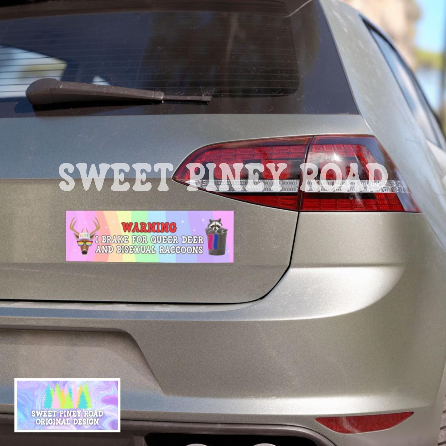 Warning Brake Queer Deer Bisexual Raccoons Car Magnet/Bumper Sticker, LGBTQIA+ Humor, Cute Gift Gay Pride Month, Brake For Critters Rainbow
