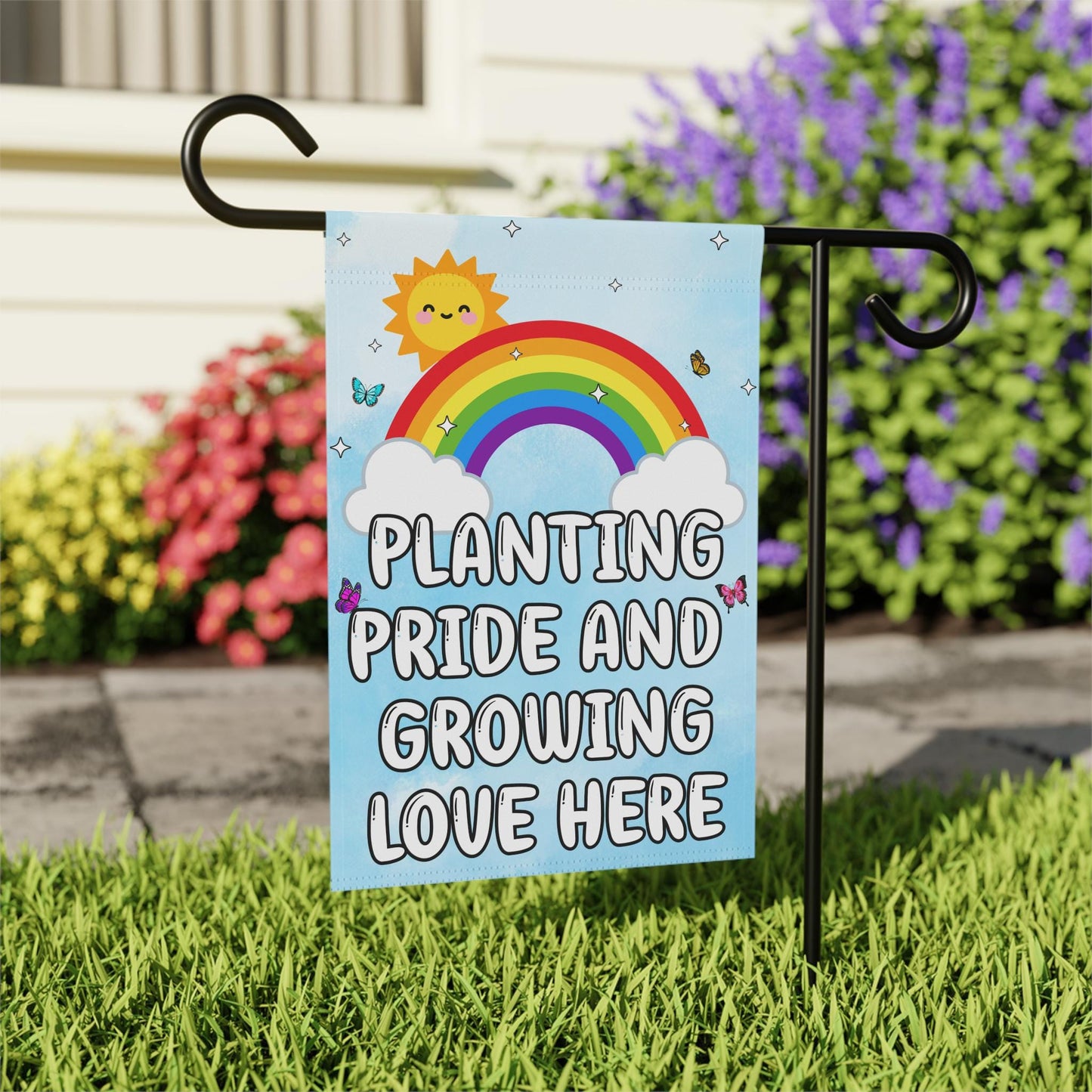 Planting Pride Growing Love Here Gay Pride Yard Flag, Rainbow LGBTQIA+ Garden Sign, Butterflies Rainbow Decor, Cute Home Gift Trans Queer