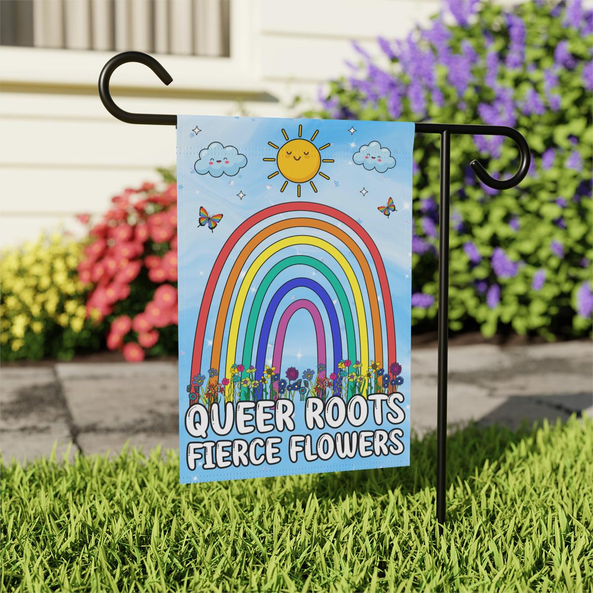 Queer Roots Fierce Flowers Gay Pride Yard Flag, Rainbow LGBTQIA+ Garden Sign, Butterflies Rainbow Decor, Cute Home Gift Trans Queer Bisexual