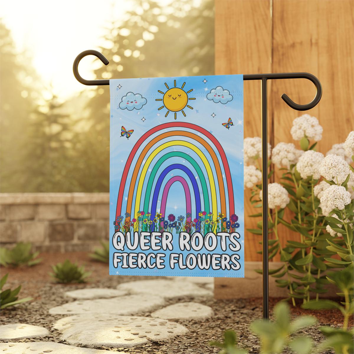 Queer Roots Fierce Flowers Gay Pride Yard Flag, Rainbow LGBTQIA+ Garden Sign, Butterflies Rainbow Decor, Cute Home Gift Trans Queer Bisexual