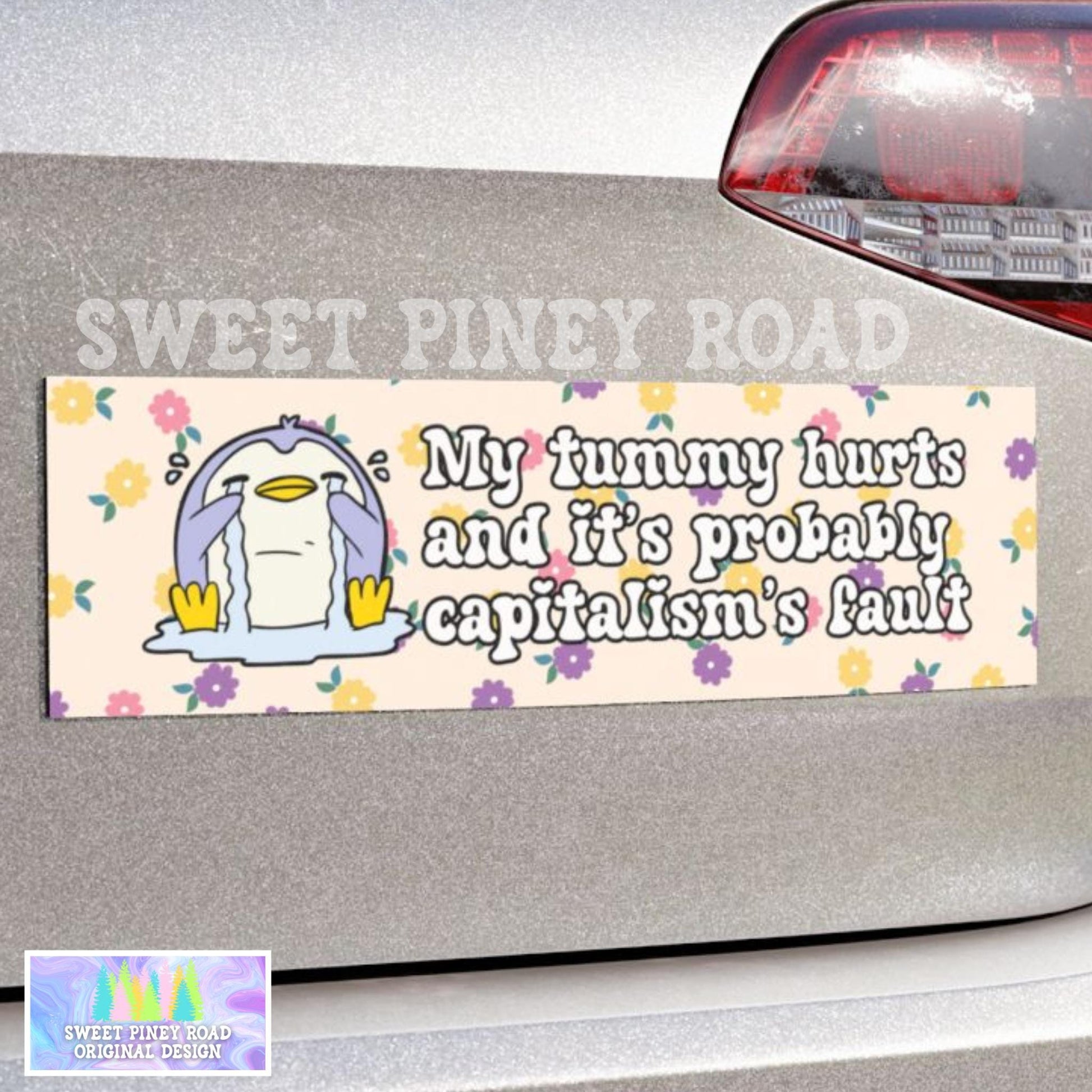 Tummy Hurts Capitalism's Fault Car Magnet, Anti Trump Bumper Sticker, Anti MAGA Humor, 8647 Resist Decal, Cute Girly Floral Feminism Gift