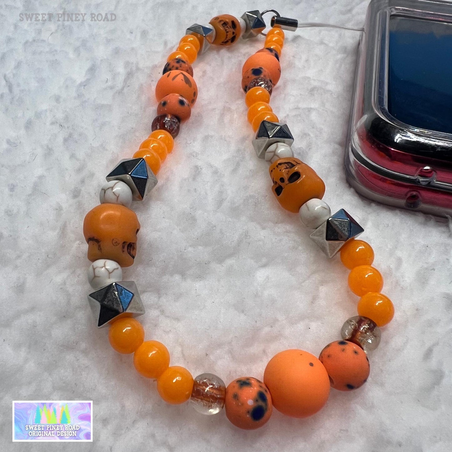 Orange Skull Beaded Phone Charm Strap, Universal Fit, Phone Carrying Wrist Strap, Hands-Free Wrist Grip, Goth Y2K Girly Vibes Straps Gift