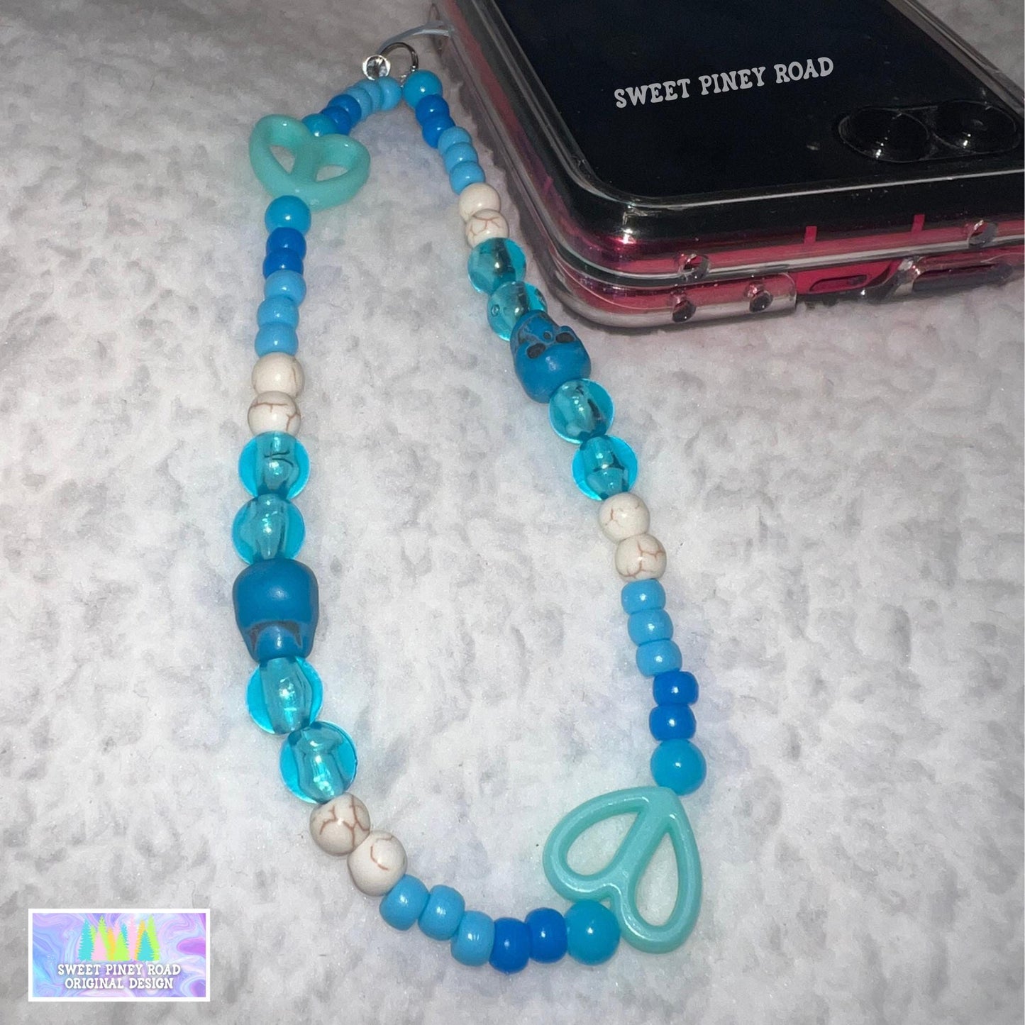 Teal Blue Skull Phone Charm Strap, Universal Fit, Phone Carrying Wrist Strap, Hands-Free Wrist Grip, Hearts Girly Skulls Vibes Straps Gift