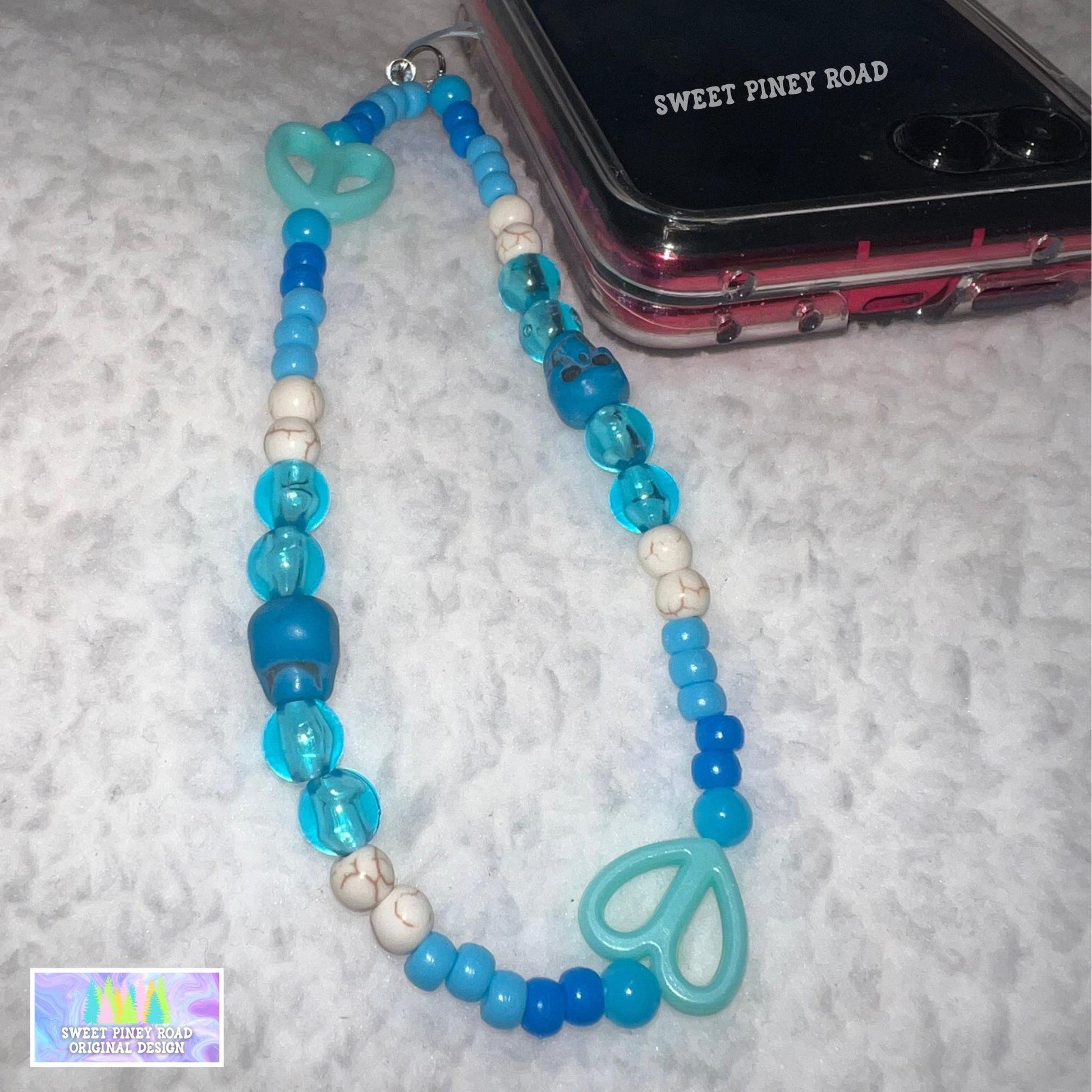 Teal Blue Skull Phone Charm Strap, Universal Fit, Phone Carrying Wrist Strap, Hands-Free Wrist Grip, Hearts Girly Skulls Vibes Straps Gift