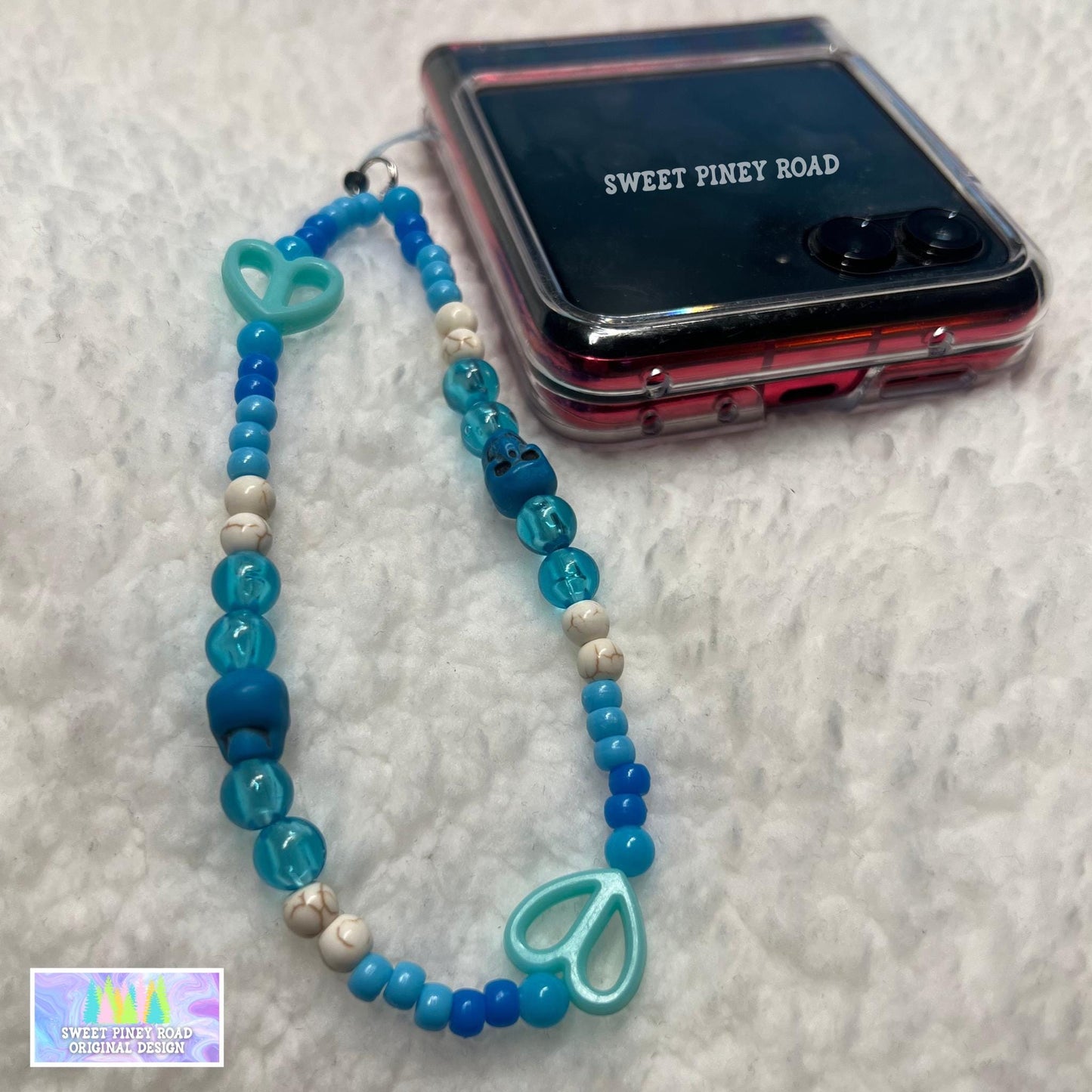 Teal Blue Skull Phone Charm Strap, Universal Fit, Phone Carrying Wrist Strap, Hands-Free Wrist Grip, Hearts Girly Skulls Vibes Straps Gift
