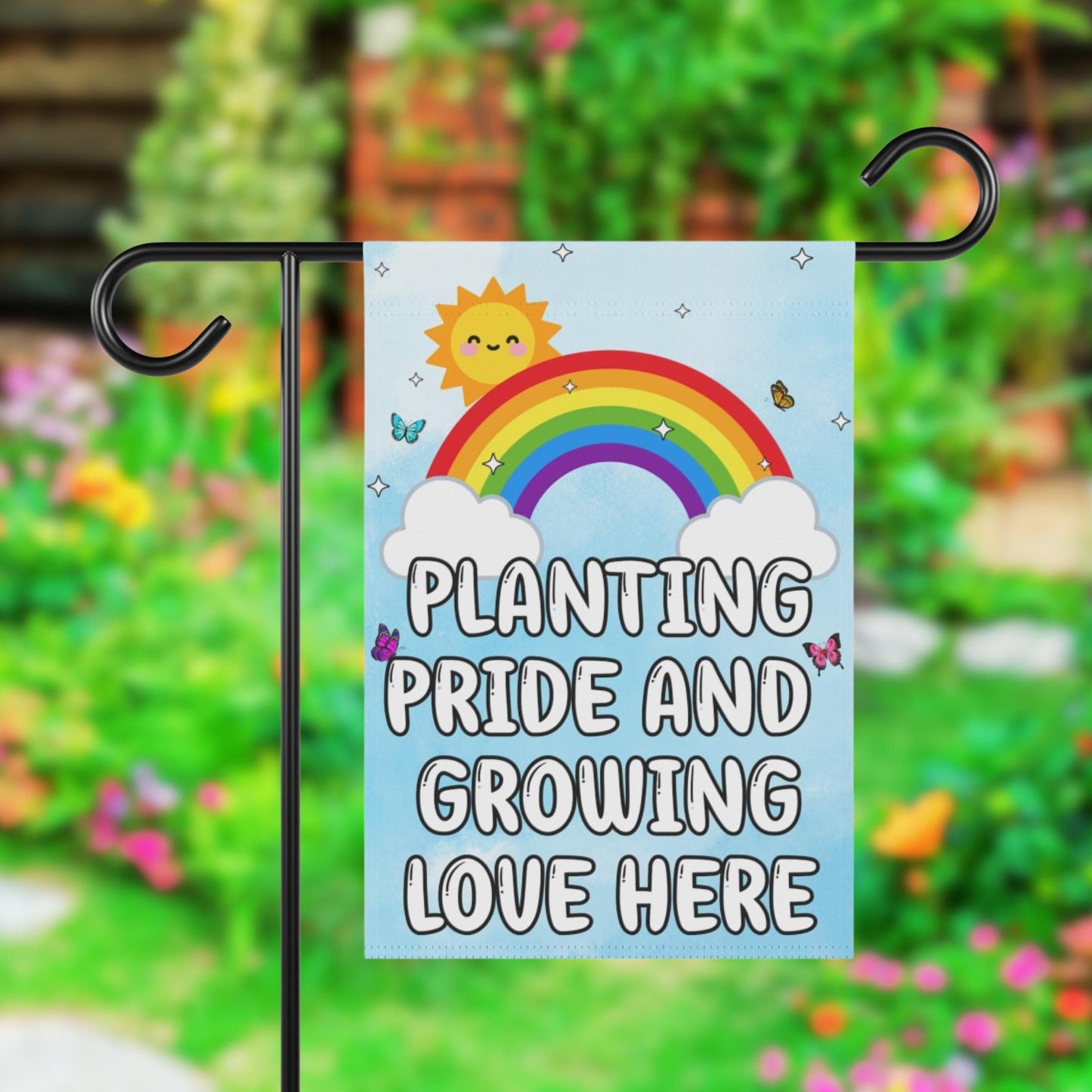 Planting Pride Growing Love Here Gay Pride Yard Flag, Rainbow LGBTQIA+ Garden Sign, Butterflies Rainbow Decor, Cute Home Gift Trans Queer