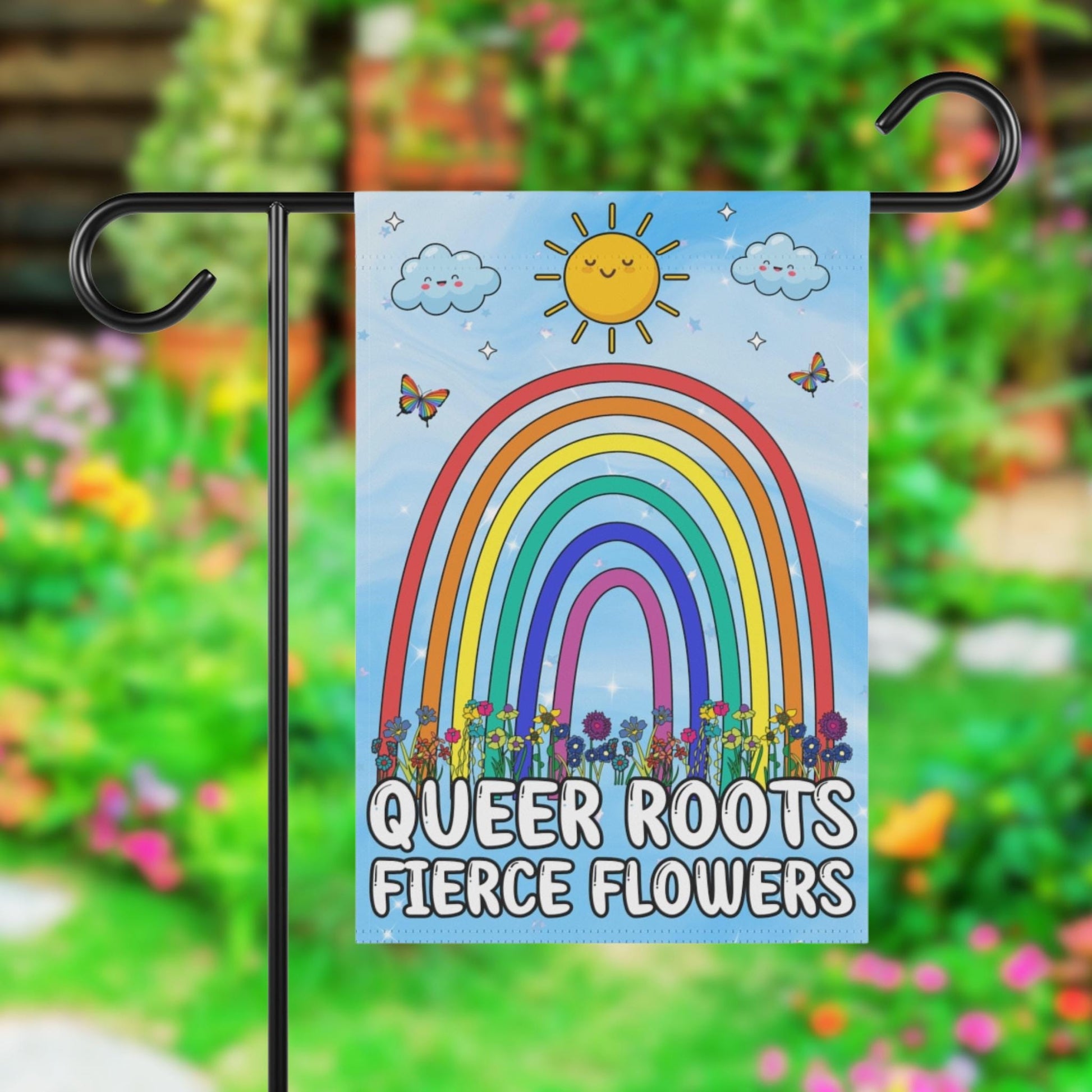 Queer Roots Fierce Flowers Gay Pride Yard Flag, Rainbow LGBTQIA+ Garden Sign, Butterflies Rainbow Decor, Cute Home Gift Trans Queer Bisexual