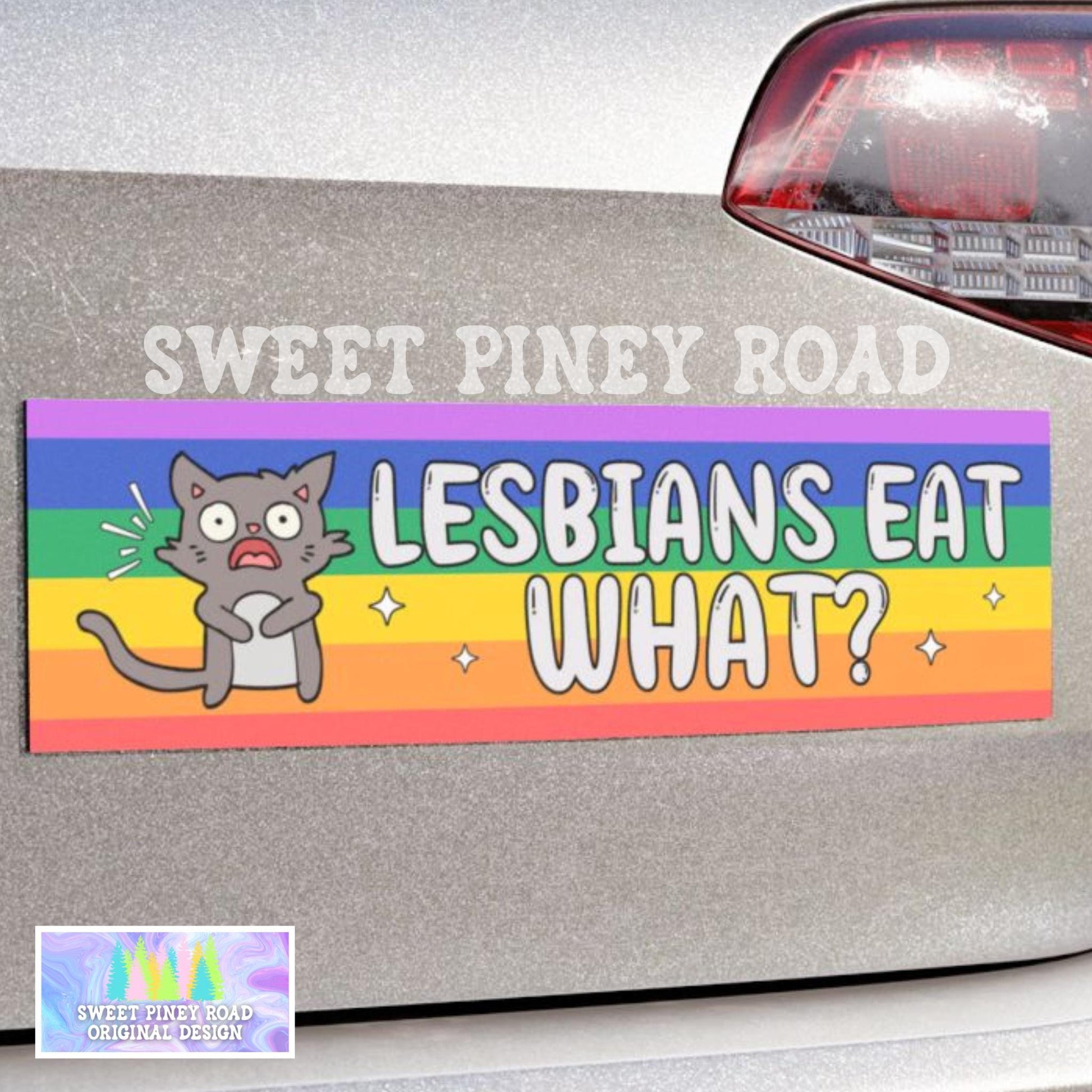 Lesbians Eat What Car Magnet, Funny LGBTQIA+ Bumper Sticker, Lesbian Pride Decal, Funny LGBT Joke Gift For Friend, Inclusive Rainbow Decal