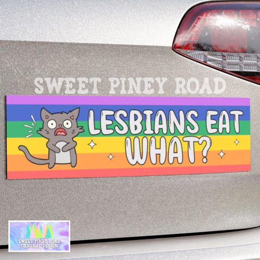 Lesbians Eat What Car Magnet, Funny LGBTQIA+ Bumper Sticker, Lesbian Pride Decal, Funny LGBT Joke Gift For Friend, Inclusive Rainbow Decal