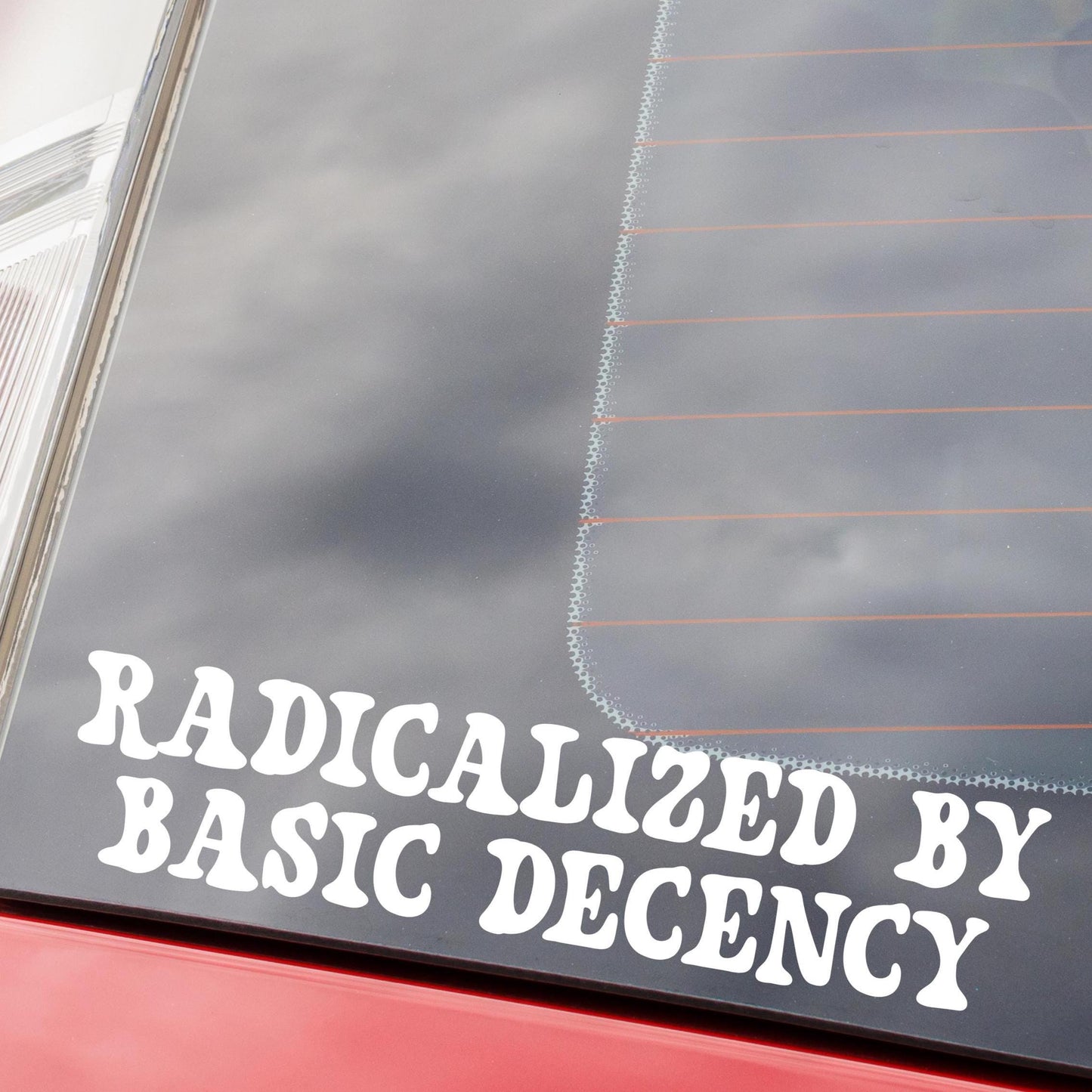 Radicalized by Basic Decency Vinyl Window Decal, Anti Trump Stickers, Eat The Rich Protest Sticker, Anti MAGA Gift, Compassion Leftist Cute