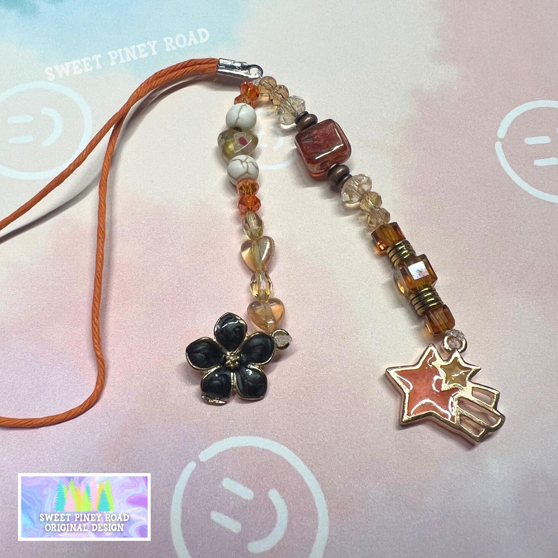 Orange Flower Phone Charm Strap, Universal Wrist Fit, Adorable Beaded Charms, Hands-Free Wristlet Grip, Cute Black Star, Custom Gift For Her