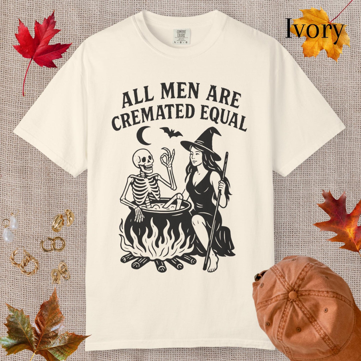 All Men Are Cremated Equal Funny Shirt, Vintage Pinup Witch T-Shirt, Hilarious Tshirt For Feminist, Skeleton Bats Cauldron Design Tee Gift
