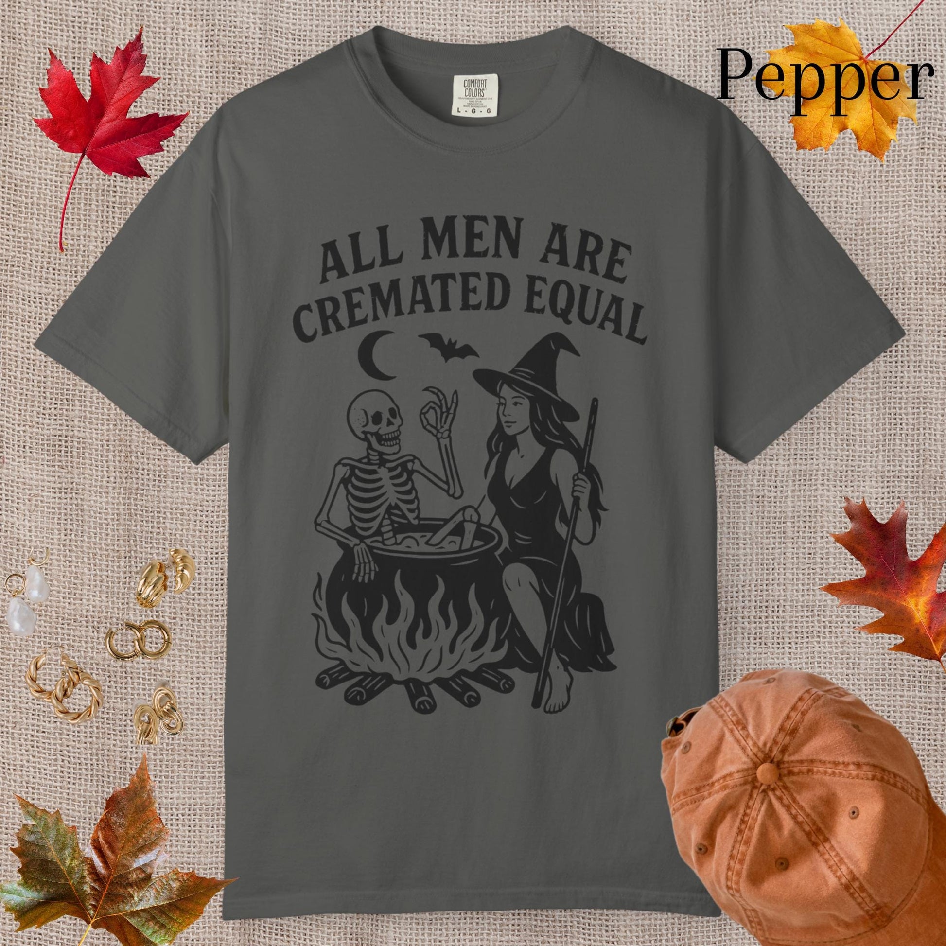 All Men Are Cremated Equal Funny Shirt, Vintage Pinup Witch T-Shirt, Hilarious Tshirt For Feminist, Skeleton Bats Cauldron Design Tee Gift