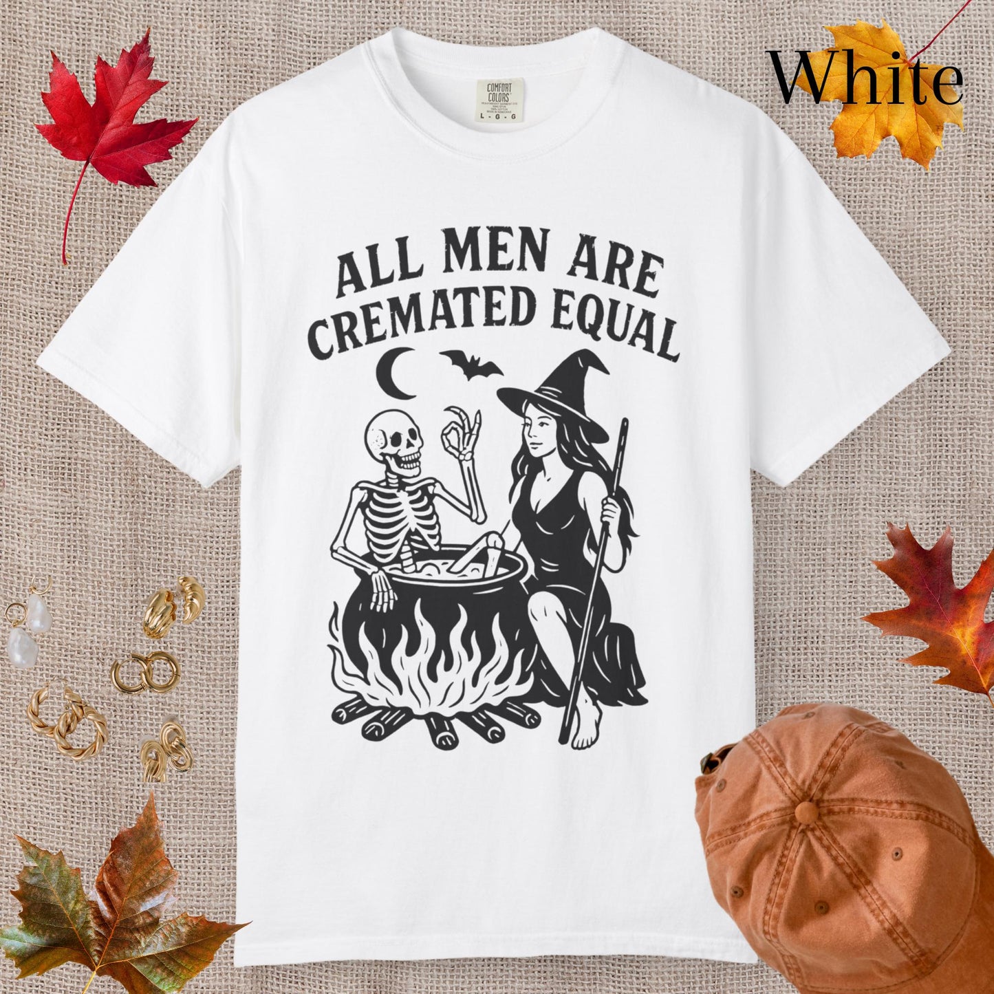 All Men Are Cremated Equal Funny Shirt, Vintage Pinup Witch T-Shirt, Hilarious Tshirt For Feminist, Skeleton Bats Cauldron Design Tee Gift