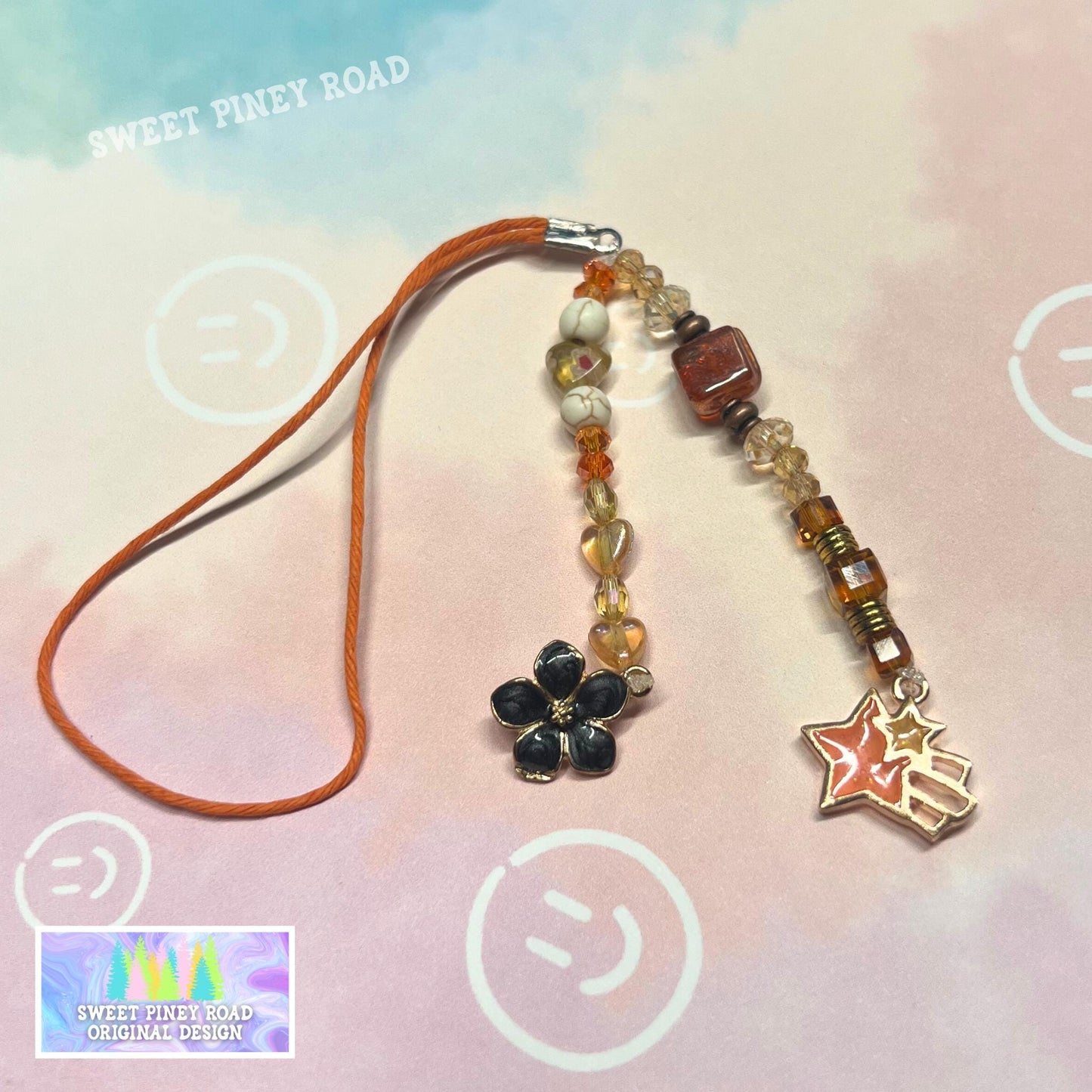 Orange Flower Phone Charm Strap, Universal Wrist Fit, Adorable Beaded Charms, Hands-Free Wristlet Grip, Cute Black Star, Custom Gift For Her