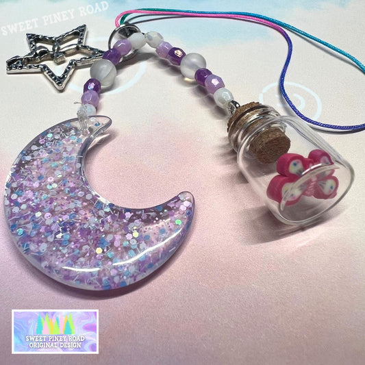 Moon Star Phone Charm Strap, Universal Wrist Fit, Adorable Beaded Charms, Hands-Free Wristlet Grip, Cute Y2k Butterfly, Custom Gift For Her