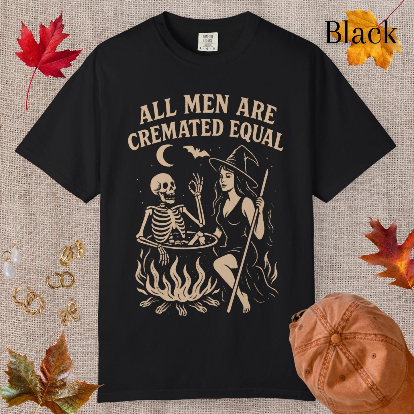 All Men Are Cremated Equal Funny Shirt, Vintage Pinup Witch T-Shirt, Hilarious Tshirt For Feminist, Skeleton Bats Cauldron Design Tee Gift