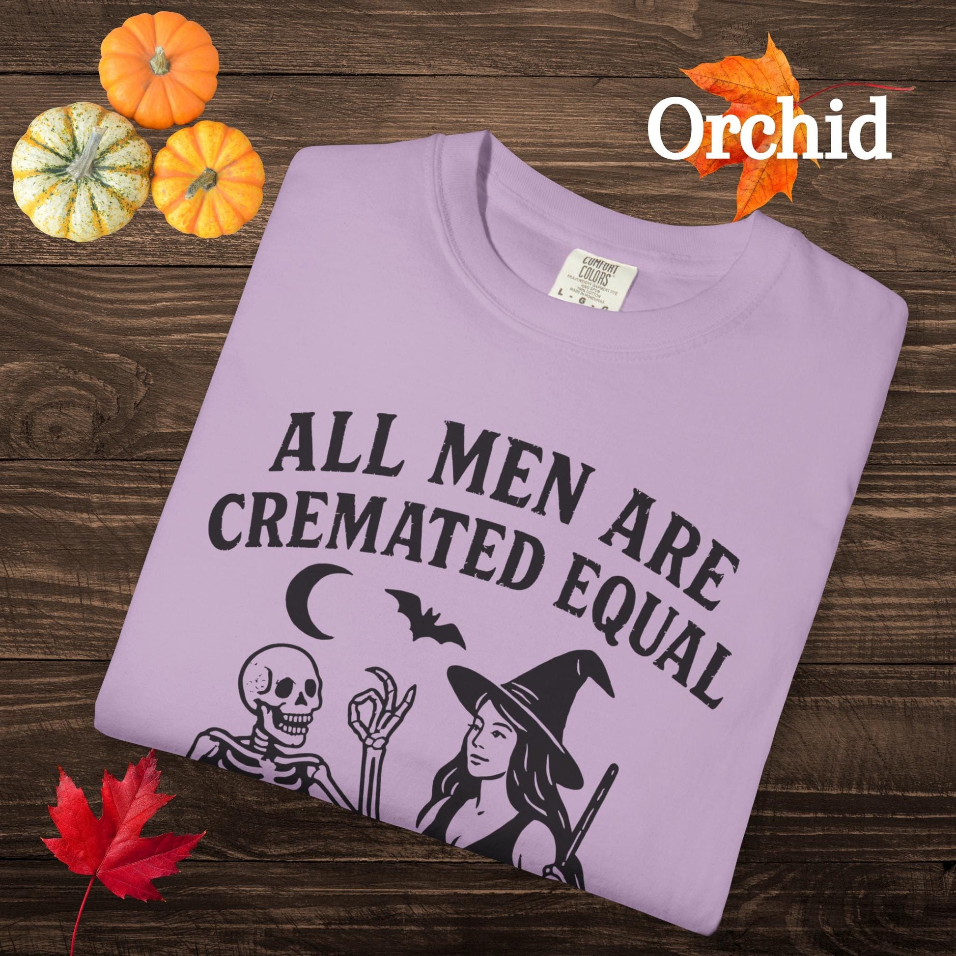 All Men Are Cremated Equal Funny Shirt, Vintage Pinup Witch T-Shirt, Hilarious Tshirt For Feminist, Skeleton Bats Cauldron Design Tee Gift